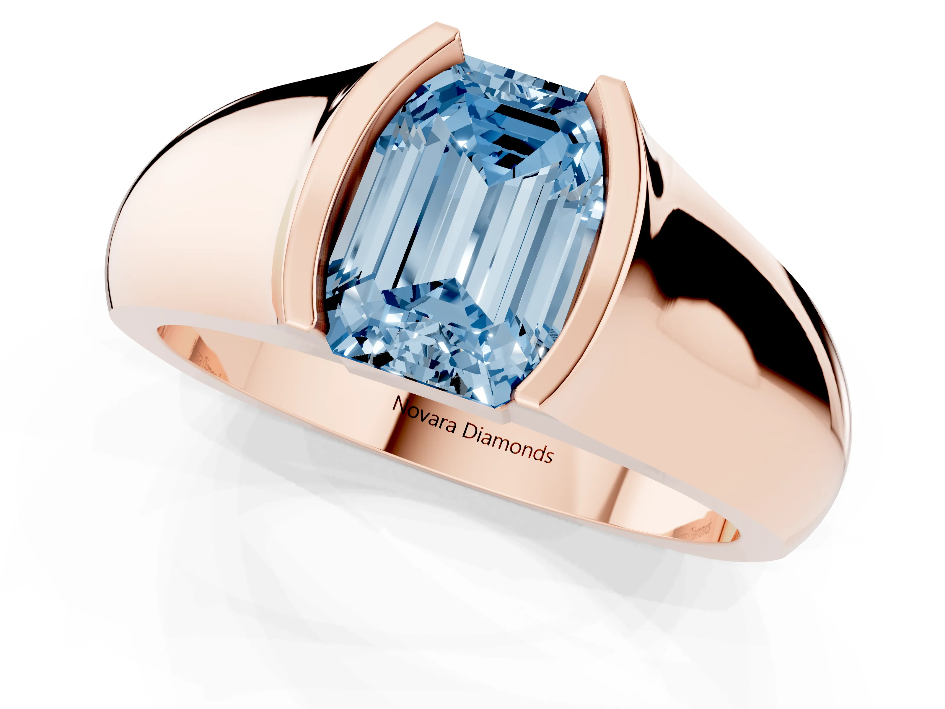 Fancy Blue Emerald Cut Diamond Bezel Solitaire Ring Set in Rose gold with Wide Band