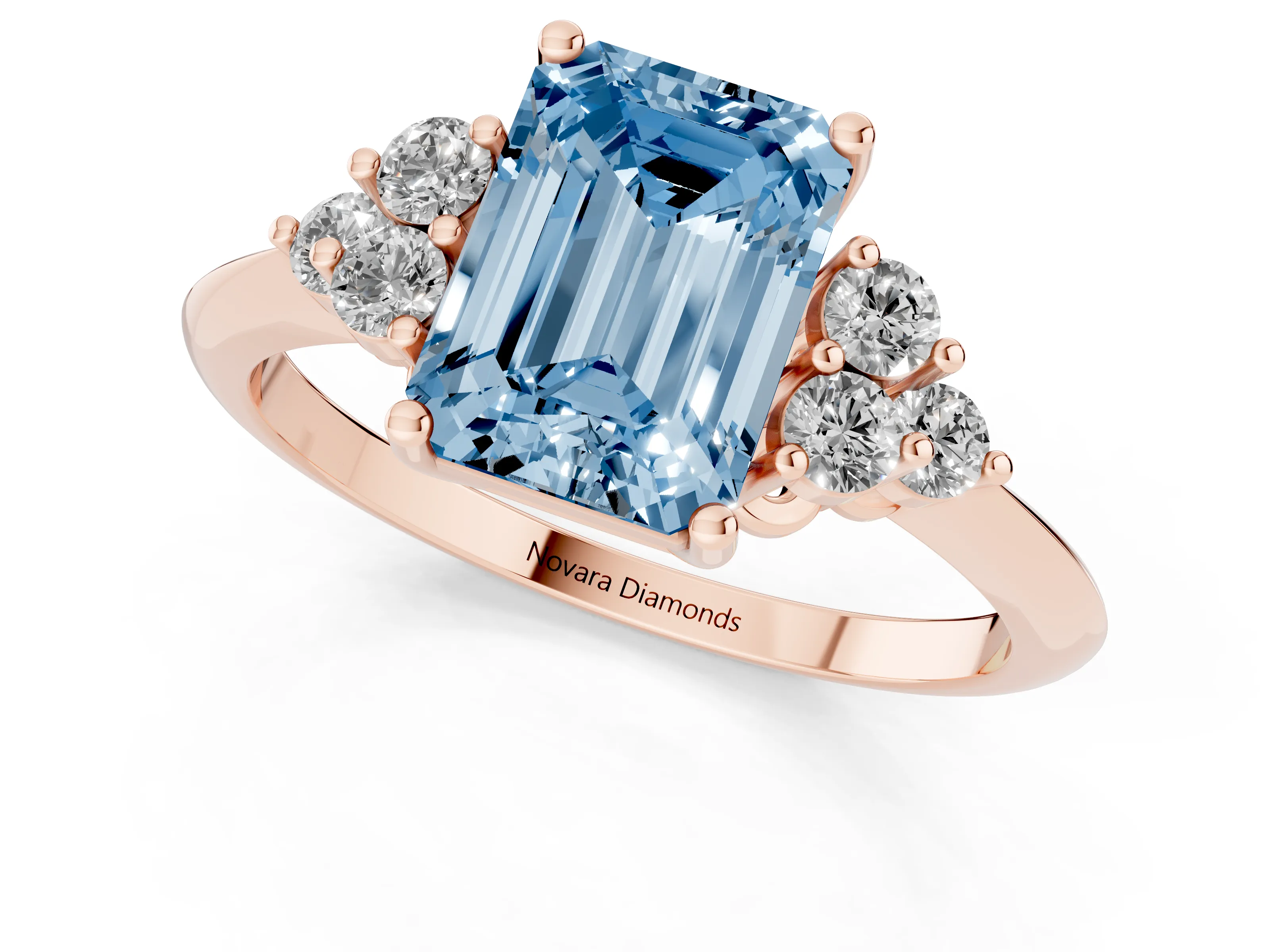 Fancy Blue Emerald Cut Diamond Cluster Ring Set in Rose gold with Plain Band and Prong Setting