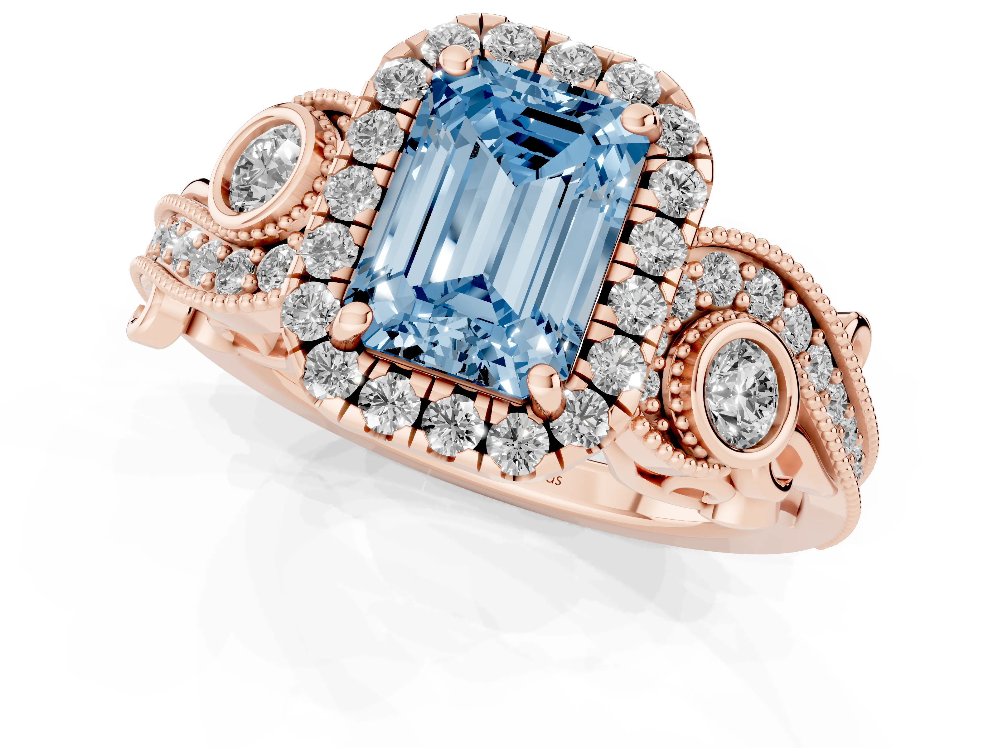 Fancy Blue Emerald Cut Diamond Halo Ring Set in Rose gold with Milgrain Pavé Band and Prong Setting