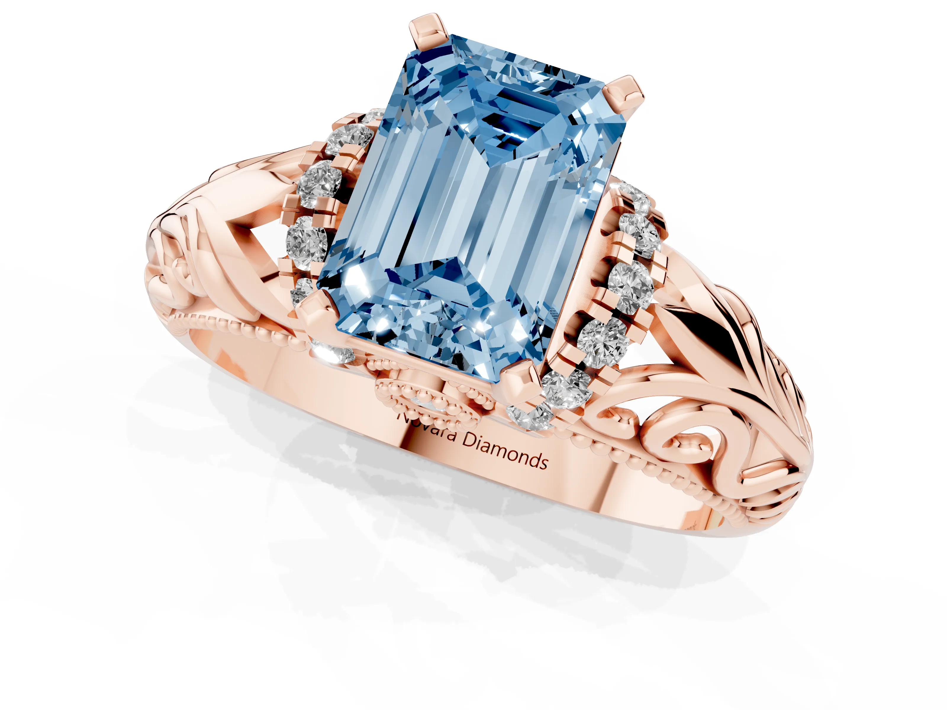 Fancy Blue Emerald Cut Diamond Filigree Halo Engagement Ring Set in Rose gold with Prong Setting