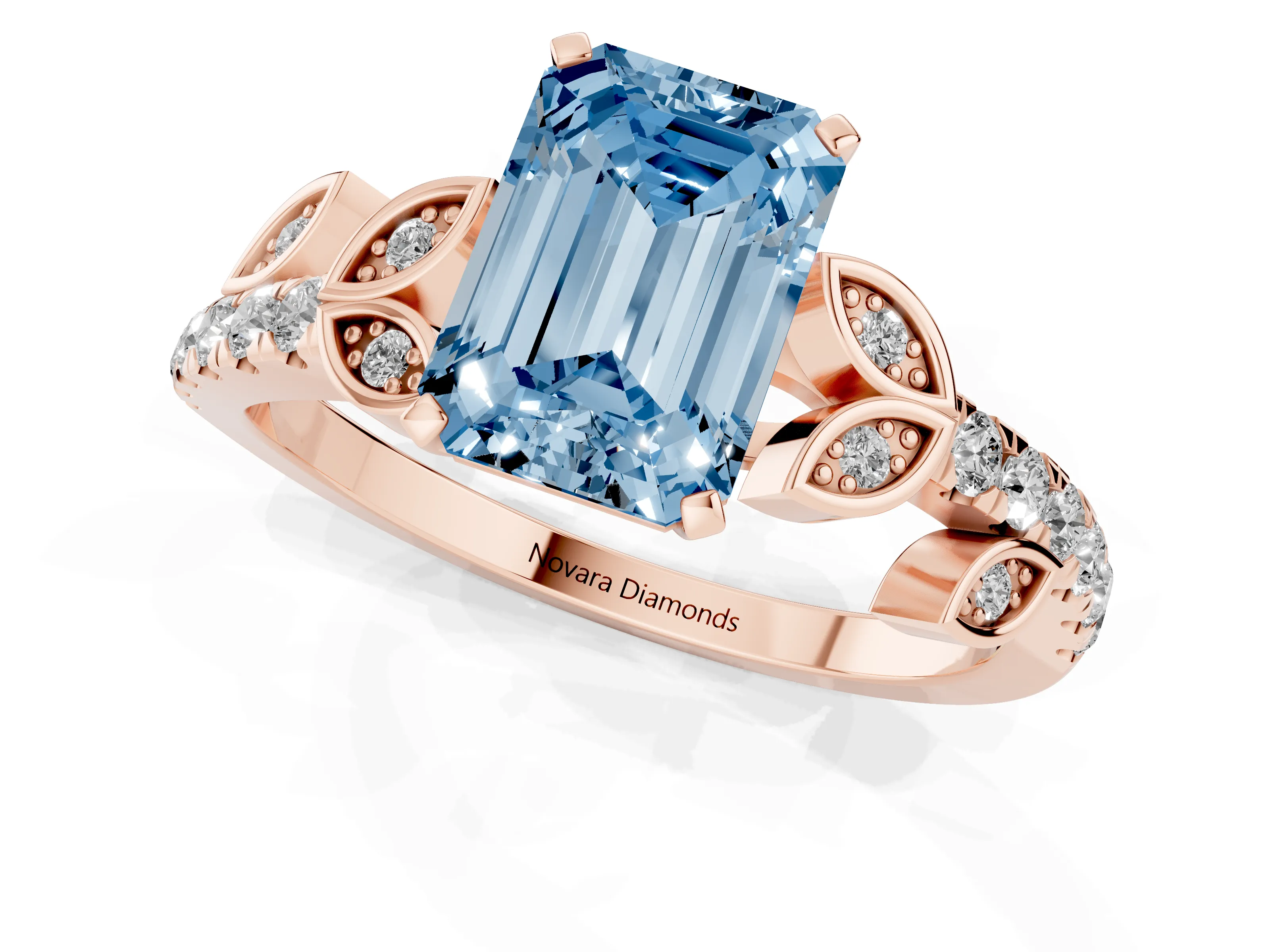 Fancy Blue Emerald Cut Diamond Solitaire Leaf-Inspired Ring Set in Rose gold with Pavé Band and Prong Setting