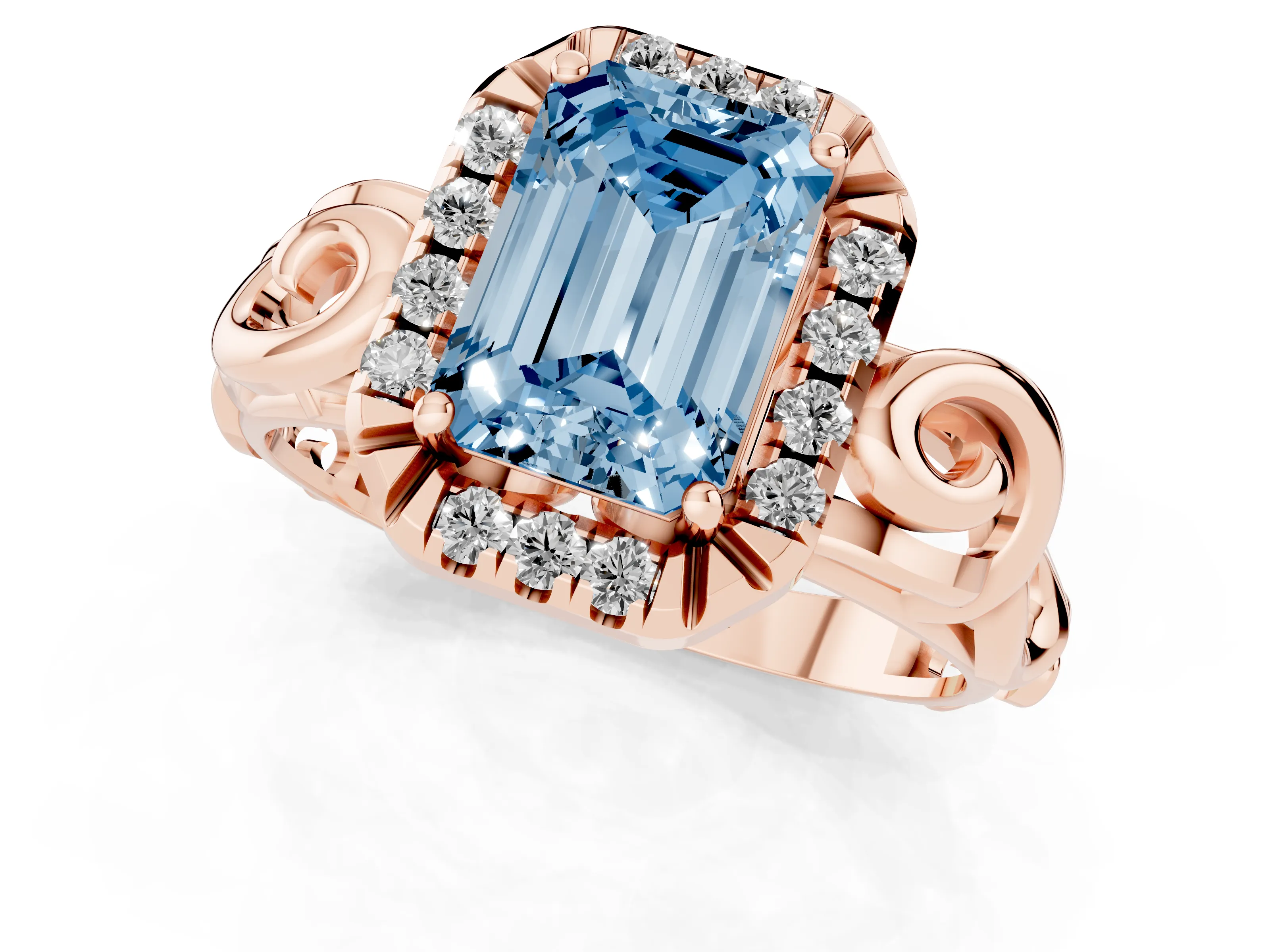 Fancy Blue Emerald Cut Diamond Halo Ring Set in Rose gold with Scrollwork Band and Prong Setting