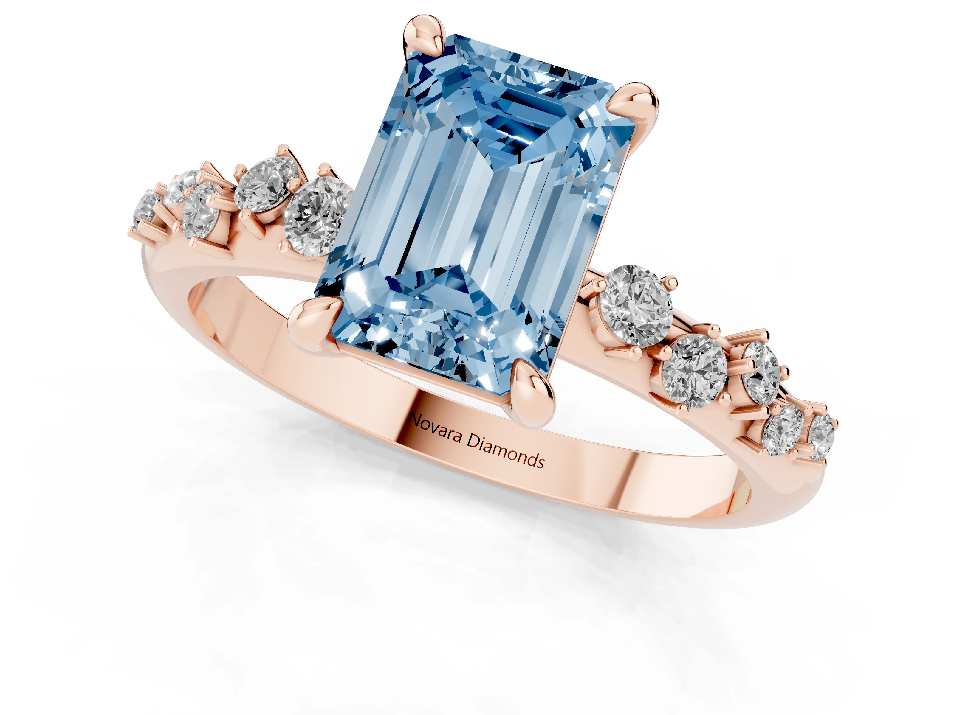 Fancy Blue Emerald Cut Diamond Solitaire Vine Band Ring Set in Rose gold with Round Accents and Prong Setting – second view