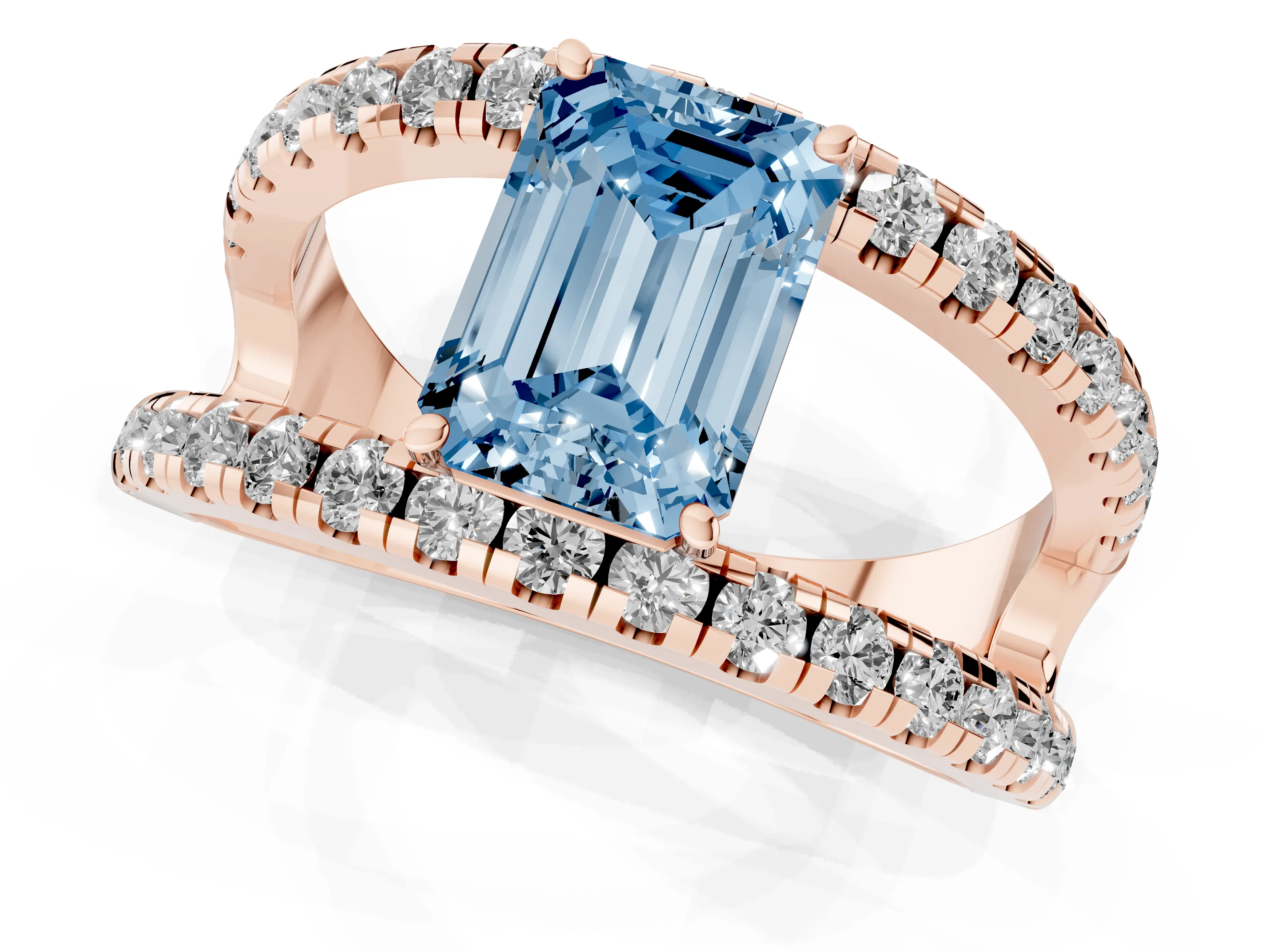 Fancy Blue Emerald Cut Diamond Split Shank Pavé Solitaire Ring Set in Rose gold with Open Shank Design