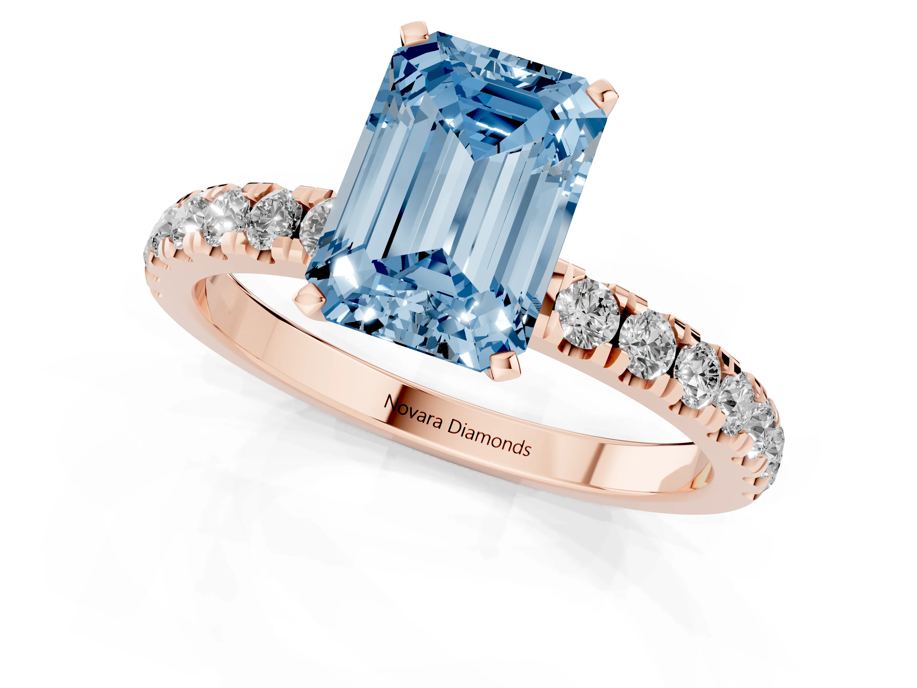 Fancy Blue Emerald Cut Diamond Solitaire Ring Set in Rose gold with Pavé Accents and Prong Setting