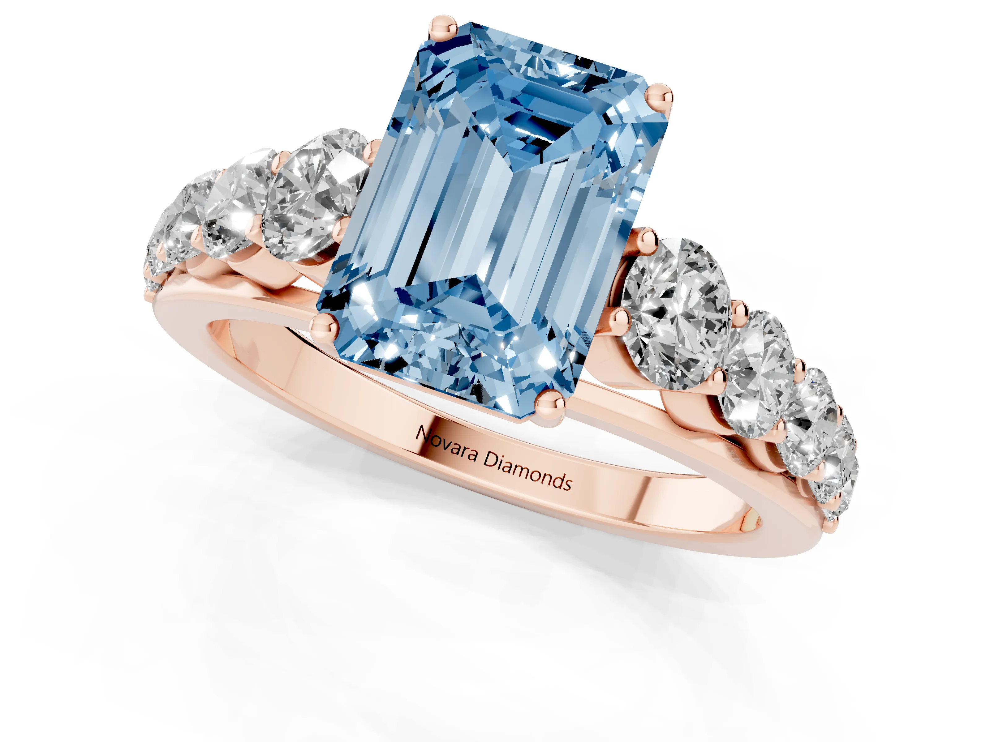 Fancy Blue Emerald Cut Diamond Solitaire Ring Set in Rose gold with Pavé-Set Band and Prong Setting