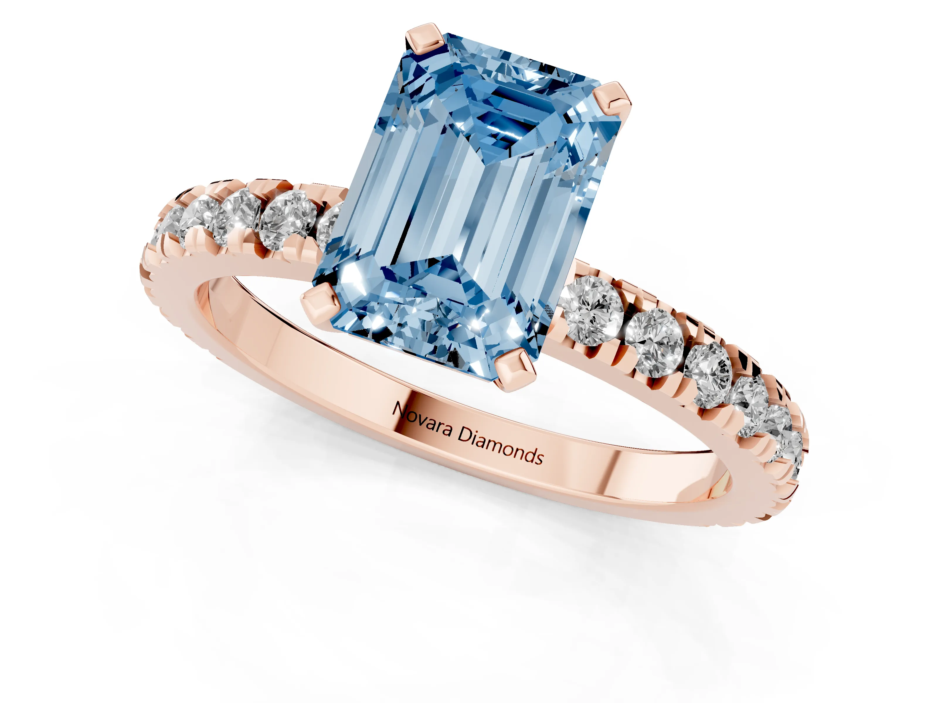 Fancy Blue Emerald Cut Diamond Pavé Band Solitaire Set in Rose gold with Prong Setting
