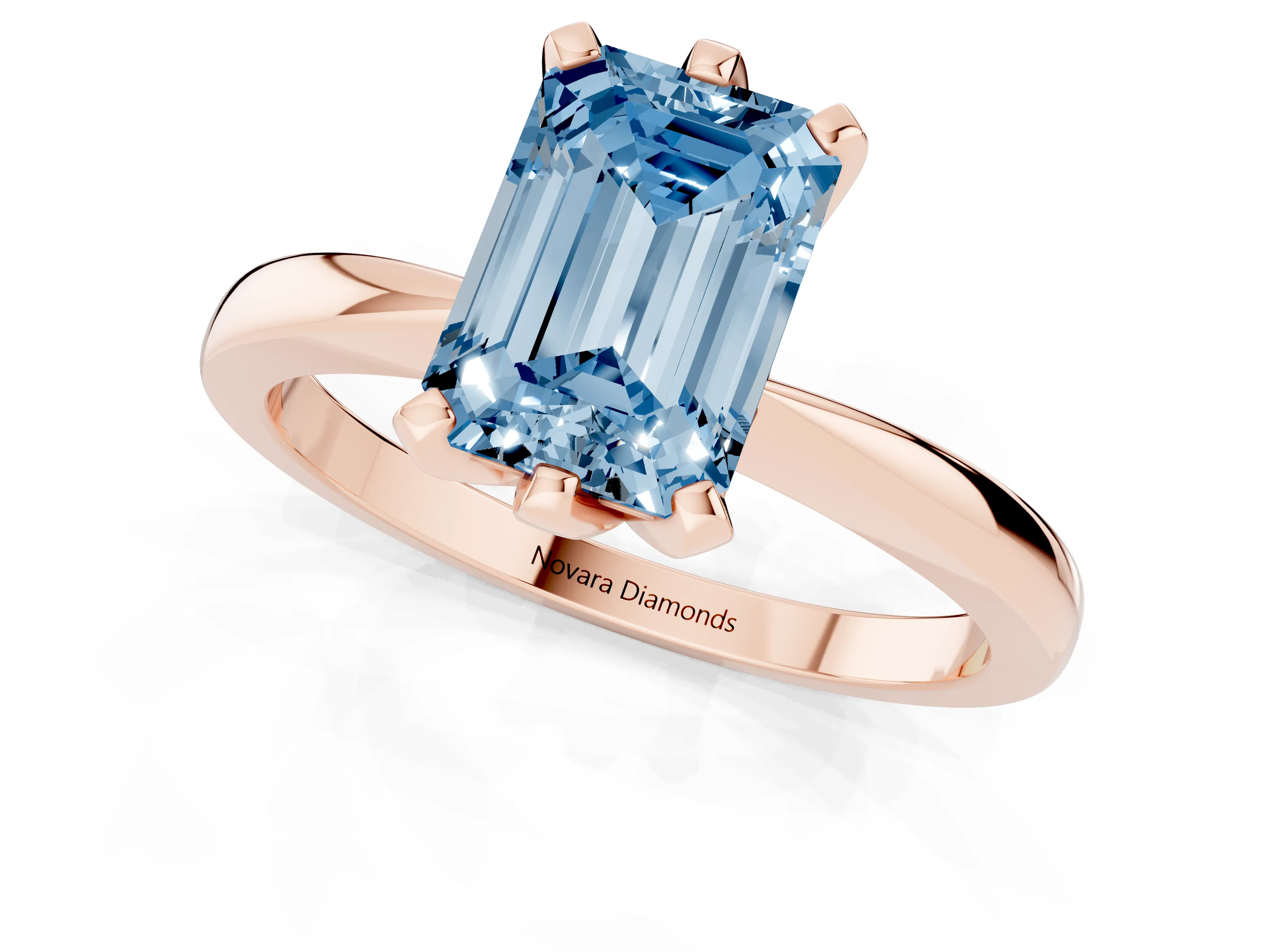 Fancy Blue Emerald Cut Diamond Solitaire Engagement Ring Set in Rose gold with Slim Tapered Solitaire Band