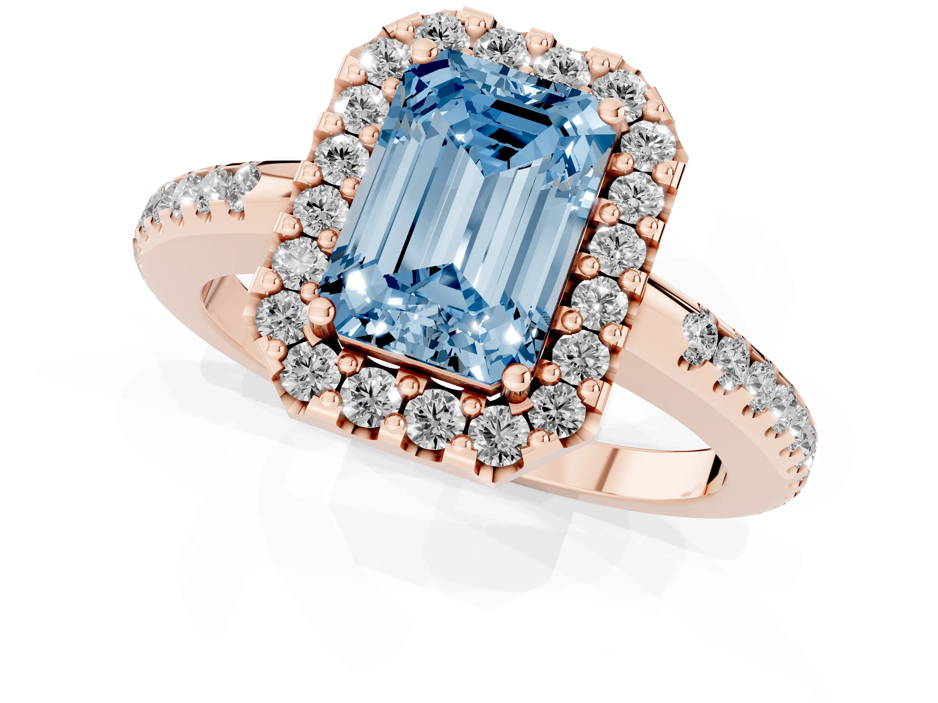 Fancy Blue Emerald Cut Diamond Pavé Halo Ring Set in Rose gold with Prong Setting
