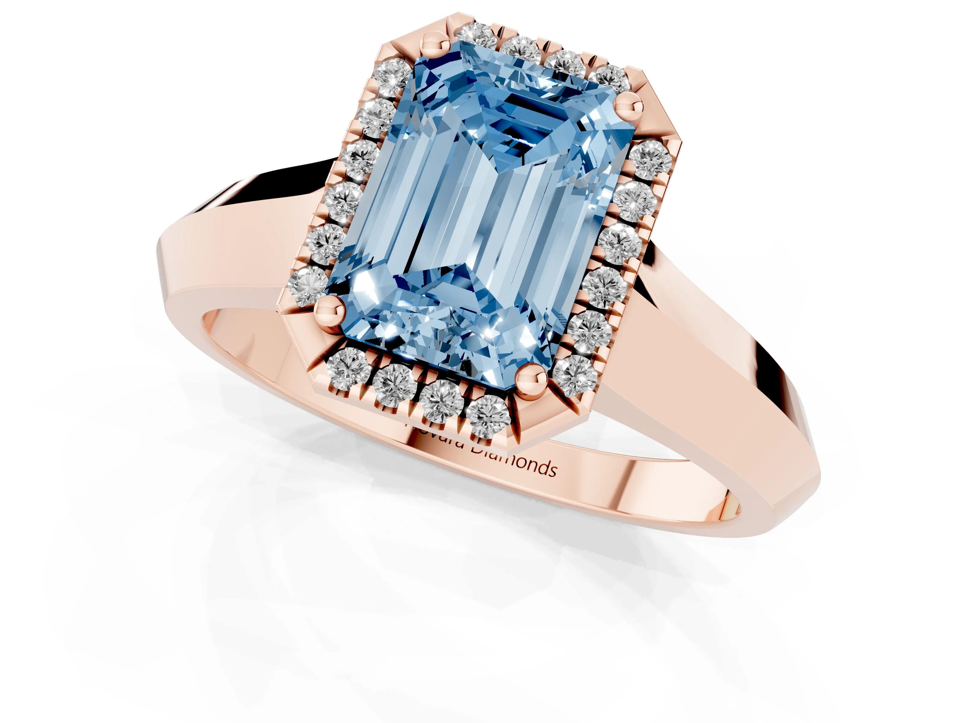 Fancy Blue Emerald Cut Diamond Halo Ring Set in Rose gold with Cathedral Band and Prong Setting