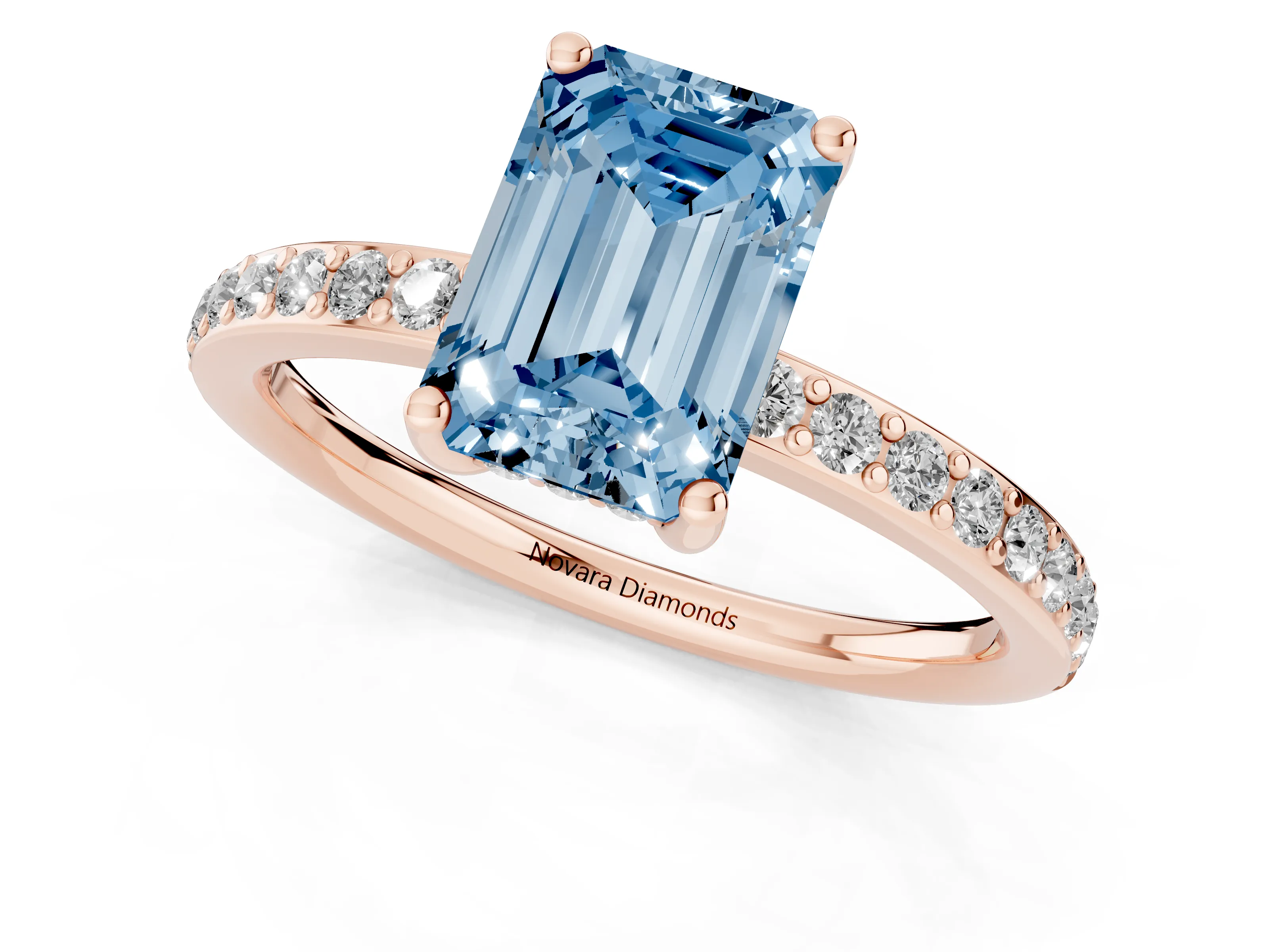 Fancy Blue Emerald Cut Diamond Pavé Band Ring Set in Rose gold with Prong-Set Center Stone