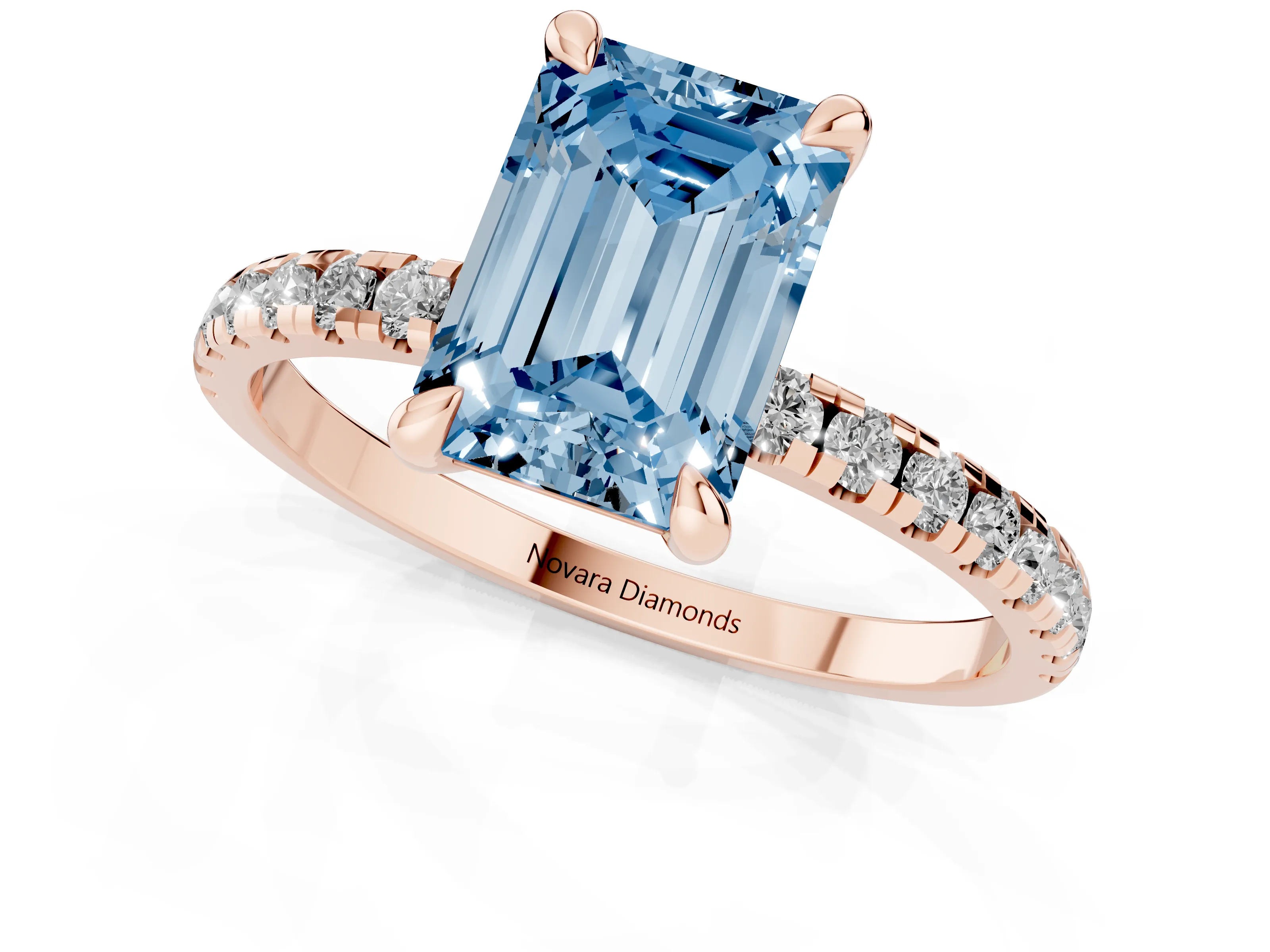 Fancy Blue Emerald Cut Diamond Brilliant Solitaire Ring Set in Rose gold with Pavé Band and Prong Setting