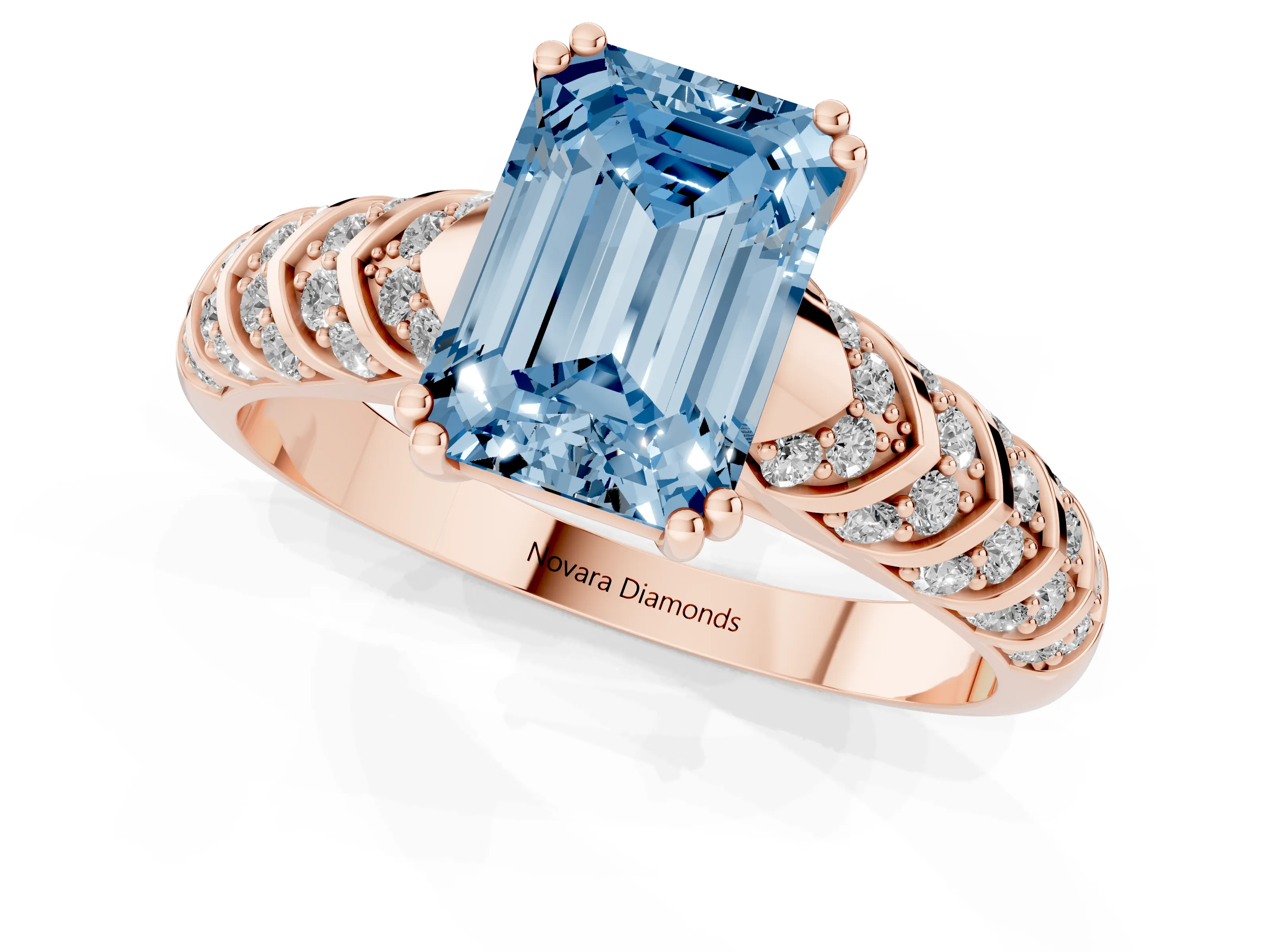Fancy Blue Emerald Cut Diamond Solitaire Chevron Pavé Engagement Ring Set in Rose gold with Prong Setting