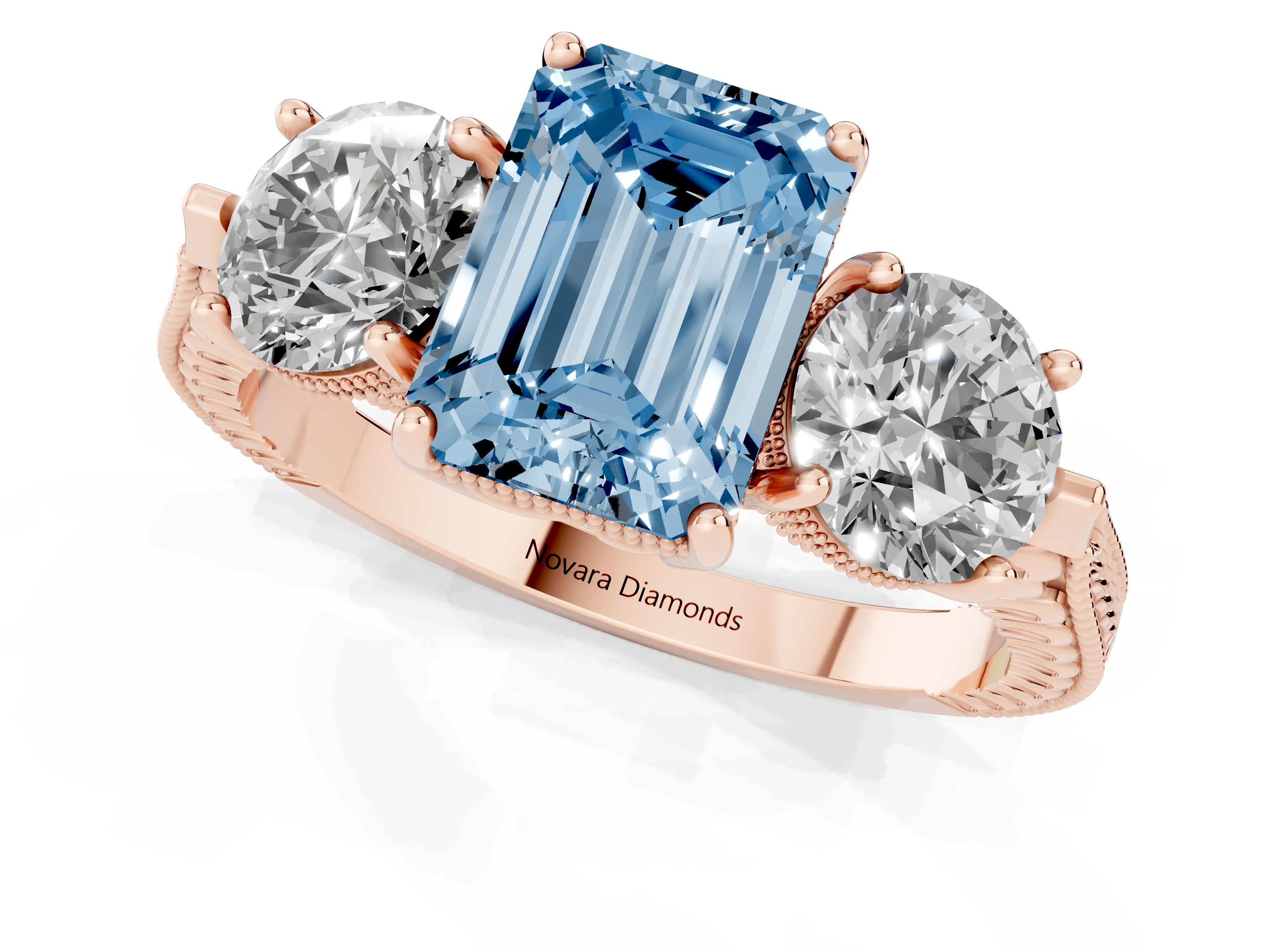 Fancy Blue Emerald Cut Diamond Three-Stone Ring Set in Rose gold with Milgrain Band