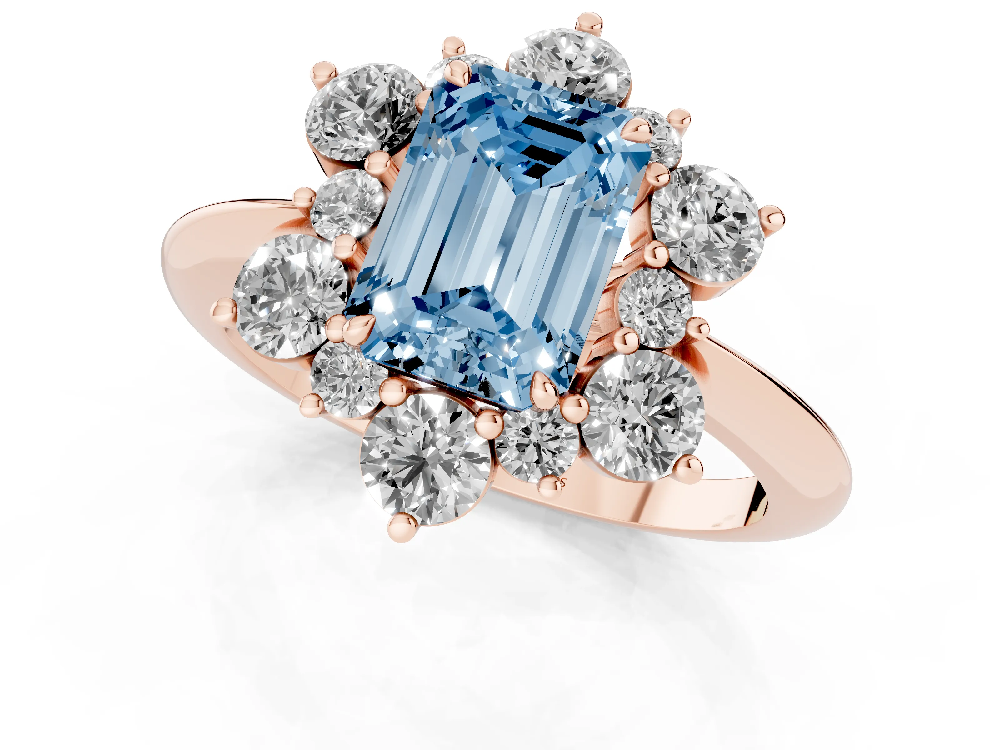 Fancy Blue Emerald Cut Diamond Cluster Halo Ring Set in Rose gold with Solitaire Band and Prong Setting