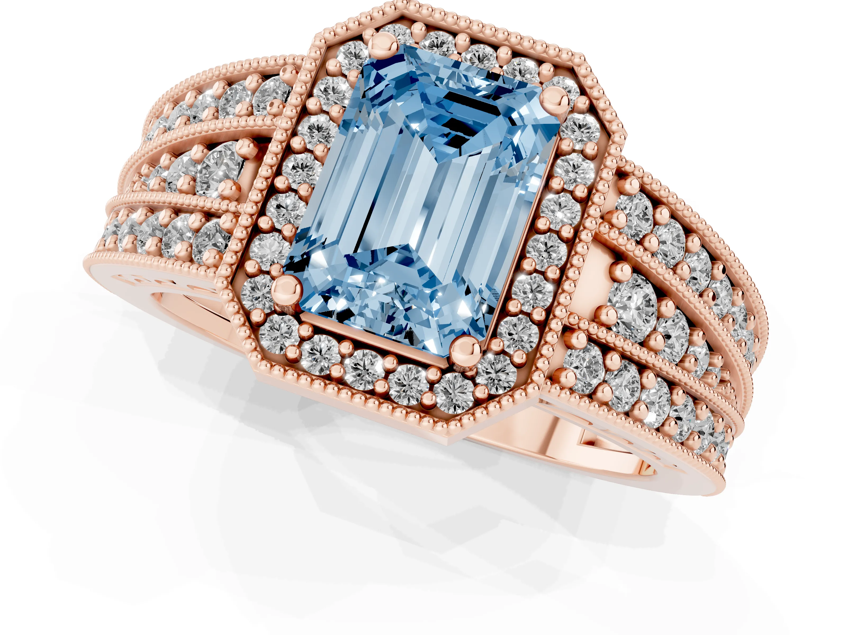 Fancy Blue Emerald Cut Diamond Halo Ring Set in Rose gold with Accent Split Shank and Prong Setting