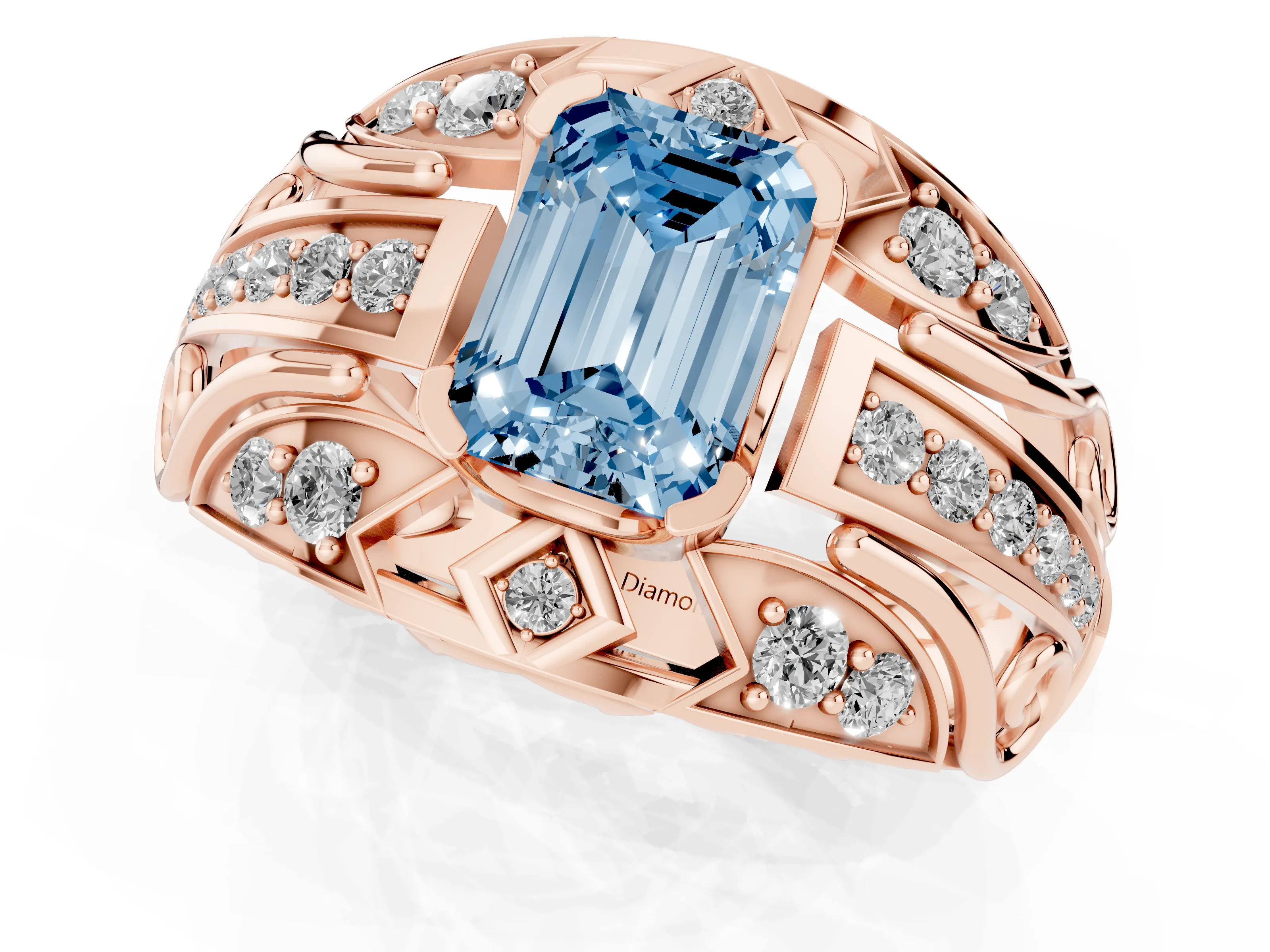 Fancy Blue Emerald Cut Diamond Art Deco Ring Set in Rose gold with Pavé Split Shank
