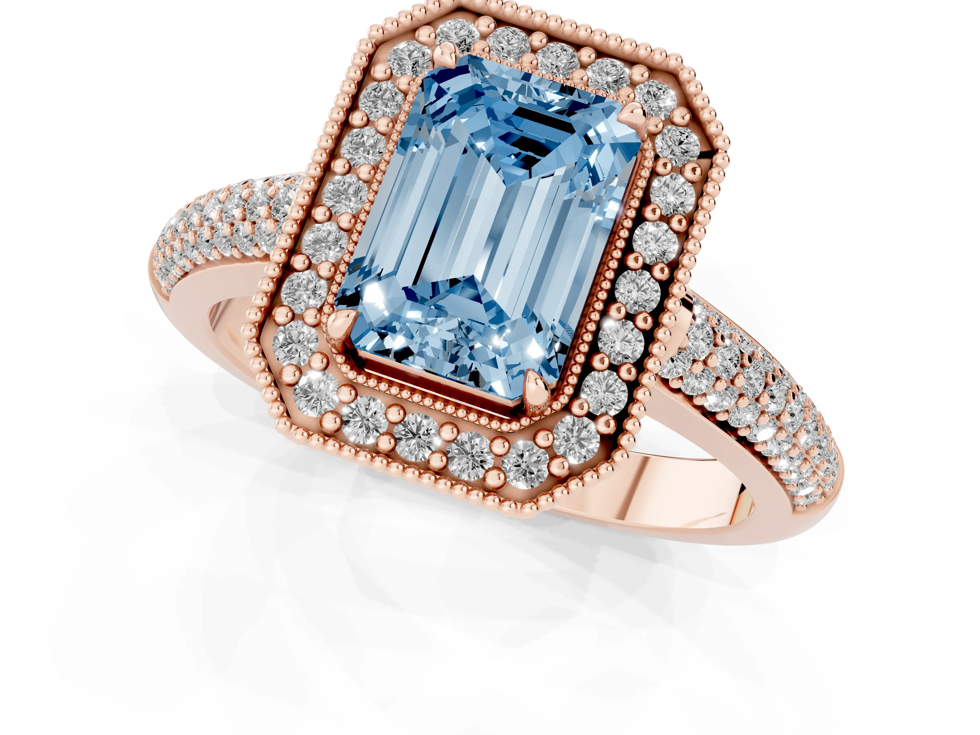 Fancy Blue Emerald Cut Diamond Halo Pavé Band Set in Rose gold with Prong Setting