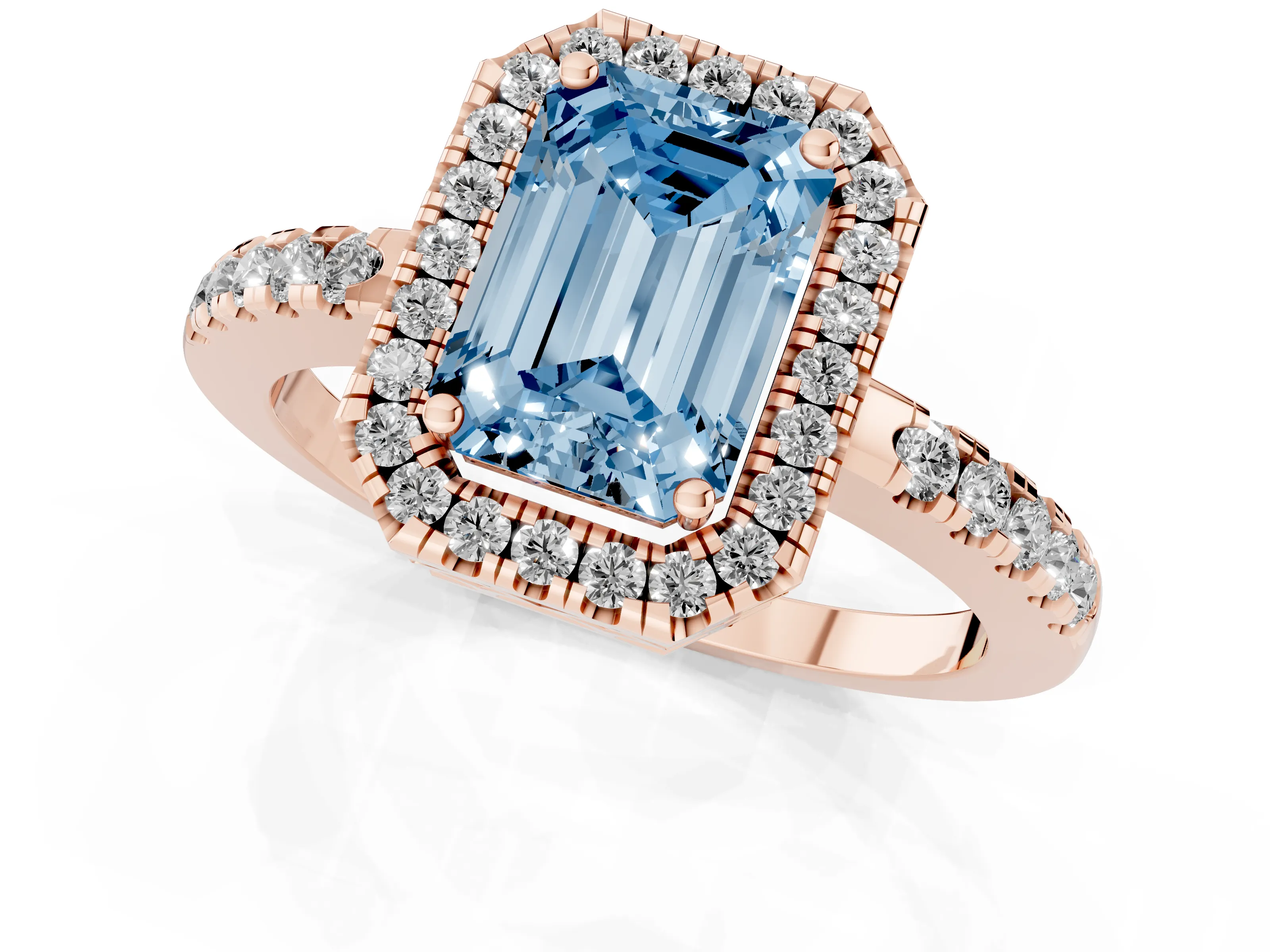 Fancy Blue Emerald Cut Diamond Pavé Band Halo Engagement Ring Set in Rose gold with Prong Setting
