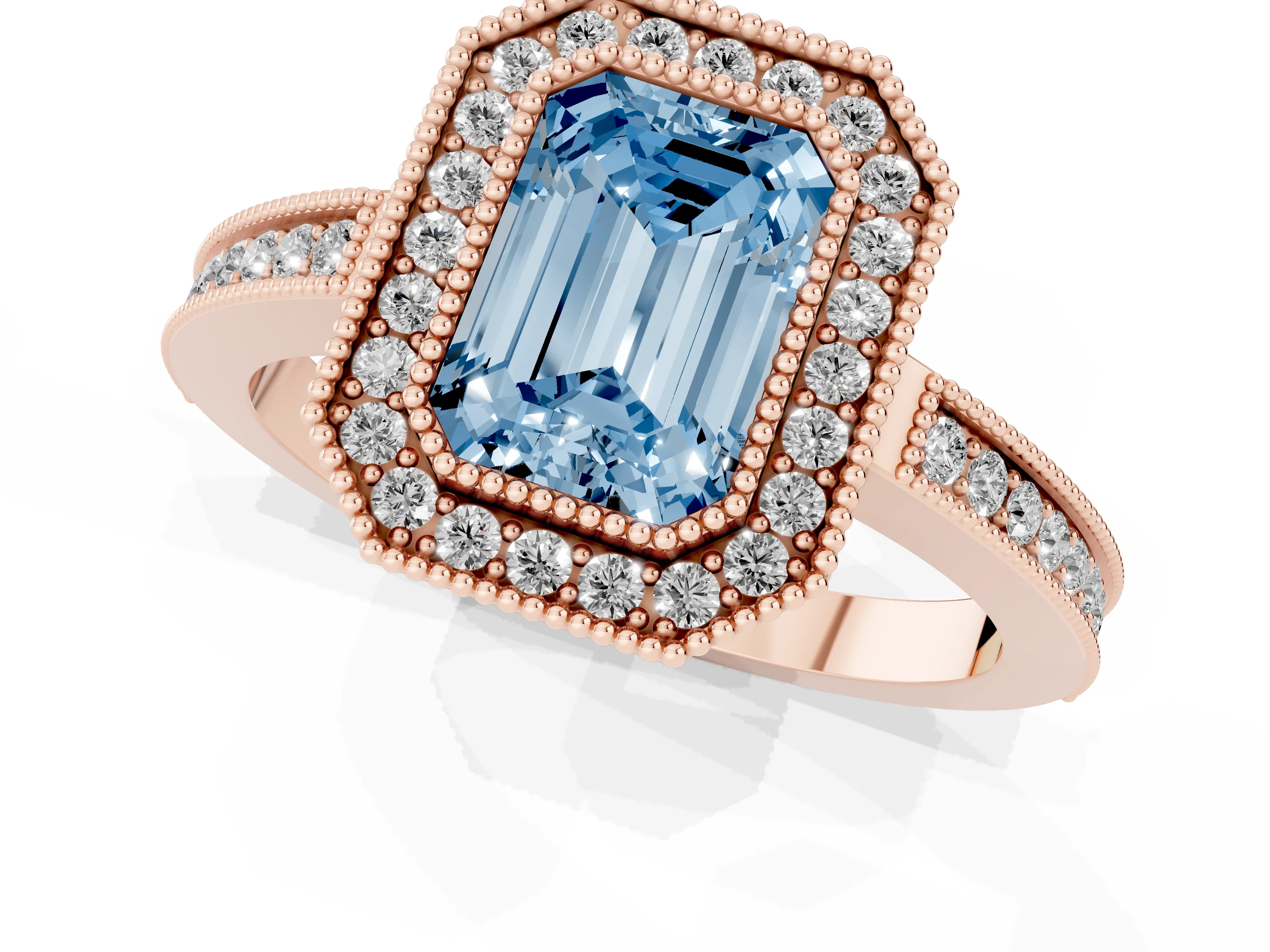 Fancy Blue Emerald Cut Diamond Halo Ring Set in Rose gold with Pavé Band and Milgrain-Edged Prongs