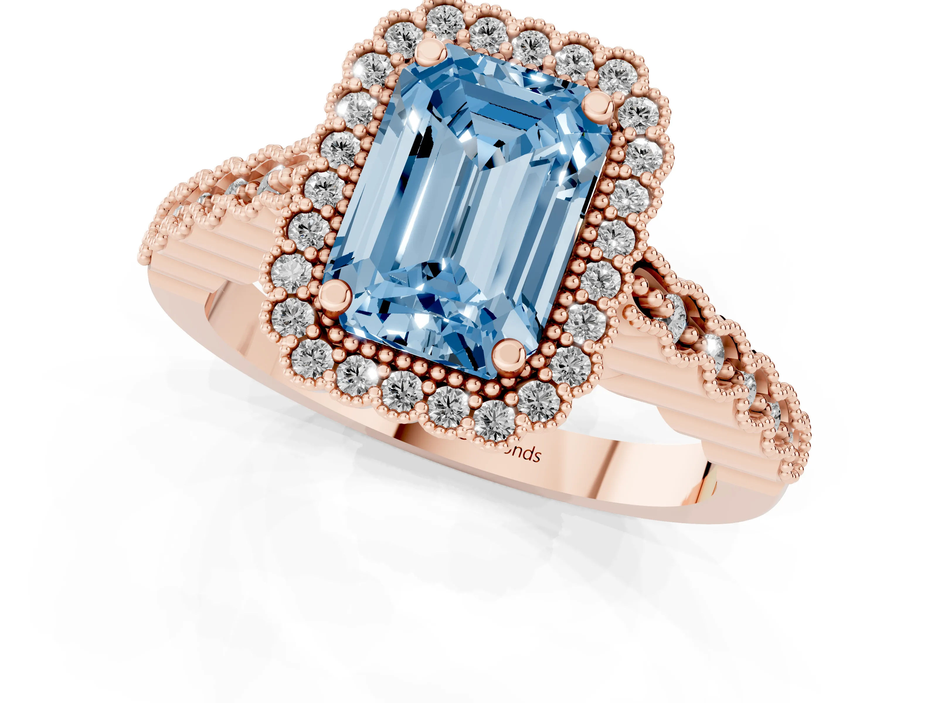 Fancy Blue Emerald Cut Diamond Halo Ring Set in Rose gold with Pavé Milgrain Band