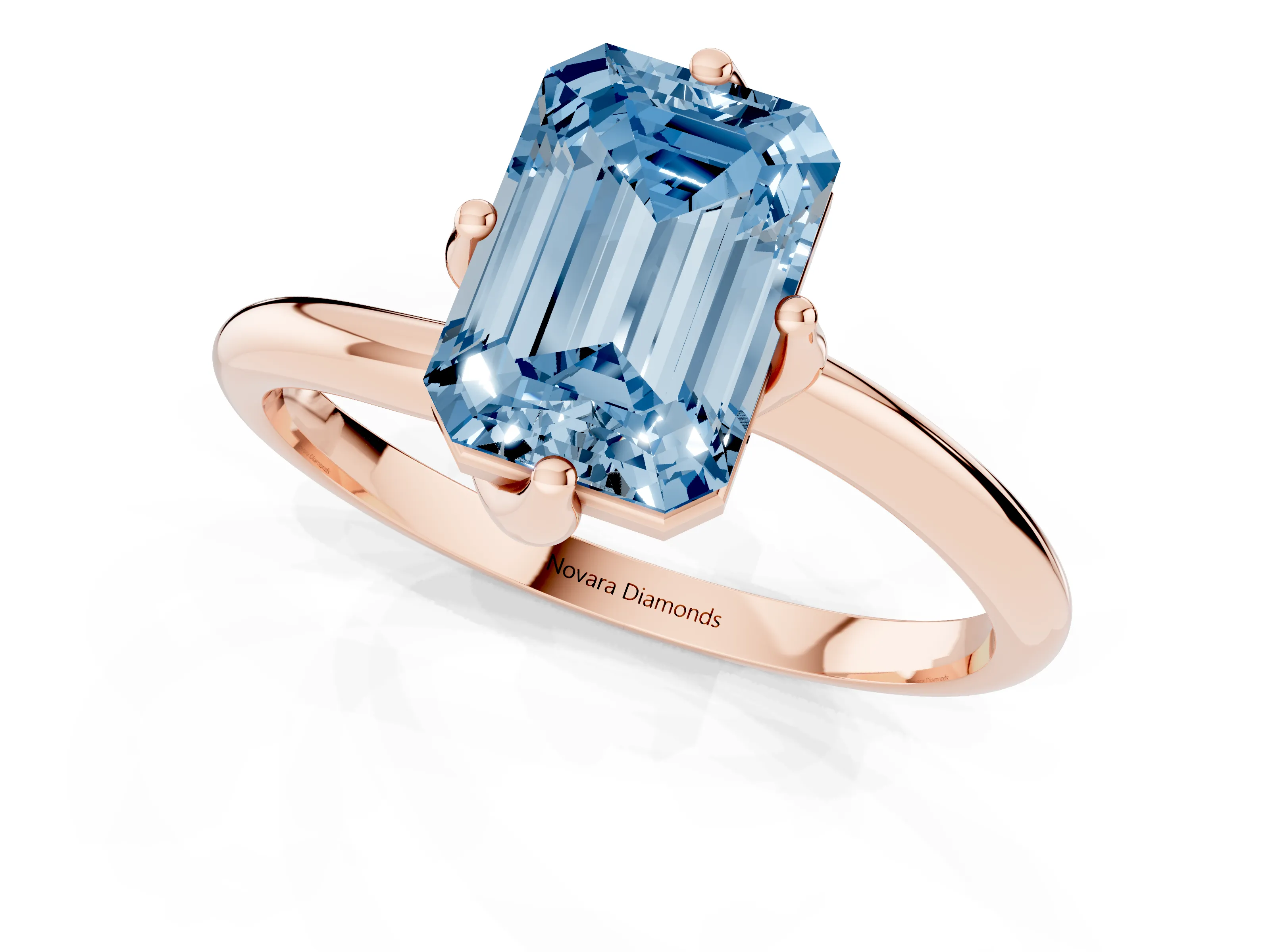 Fancy Blue Emerald Cut Diamond Solitaire Engagement Ring Set in Rose gold with Classic Plain Band