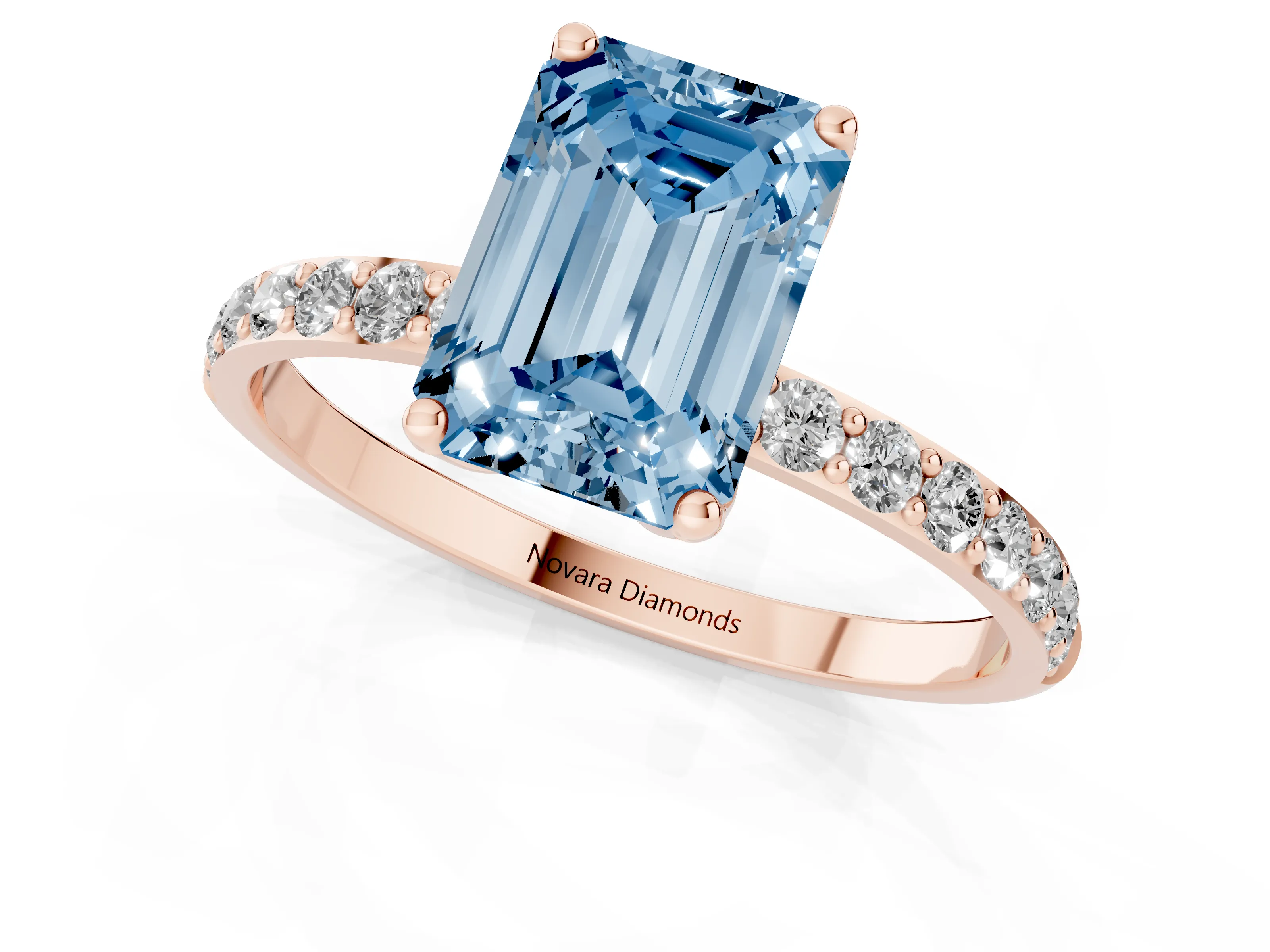 Fancy Blue Emerald Cut Diamond Solitaire Engagement Ring Set in Rose gold with Round Pavé Band and Prong Setting