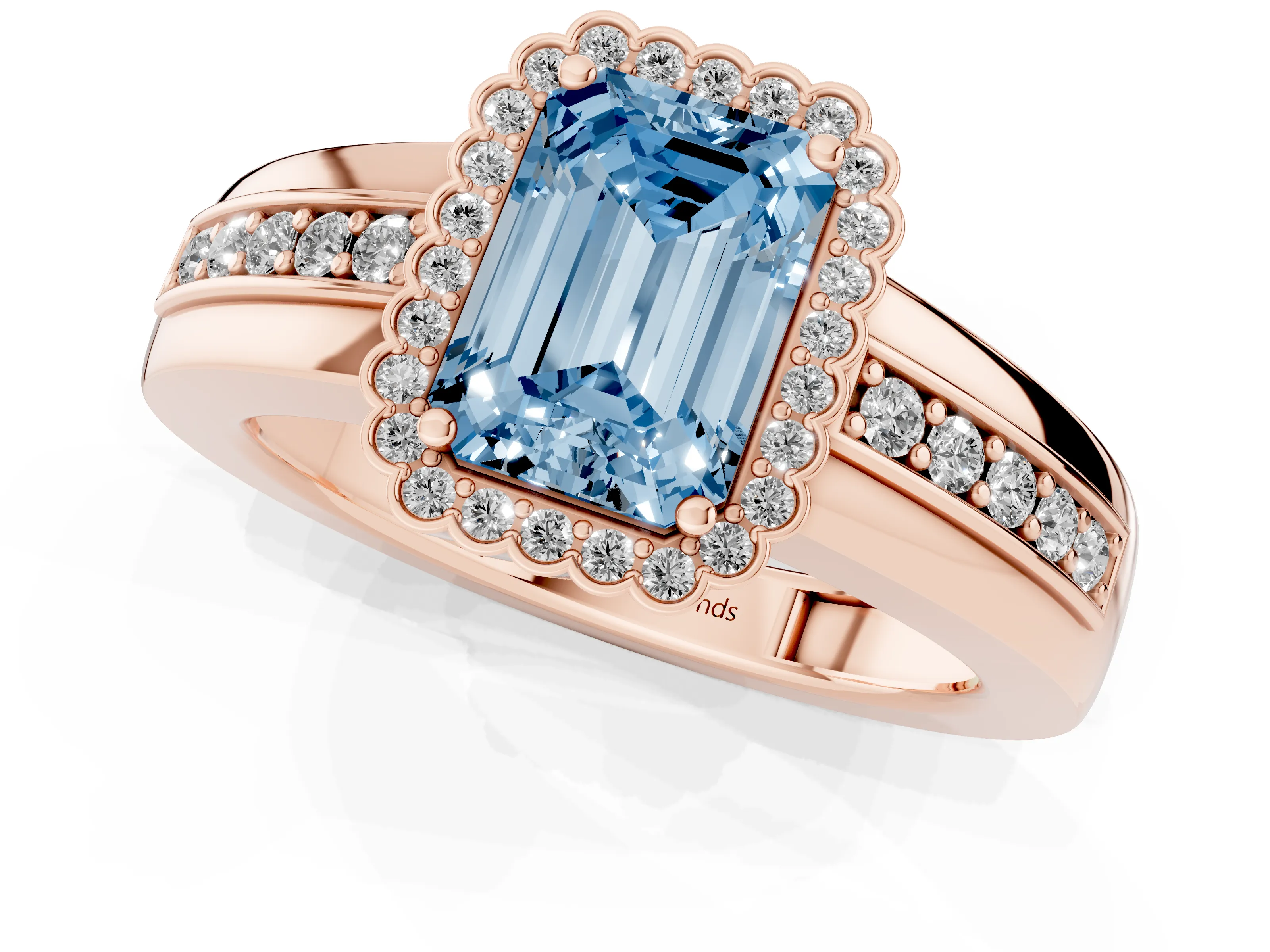 Fancy Blue Emerald Cut Diamond Halo Prong Ring Set in Rose gold with Pavé Band