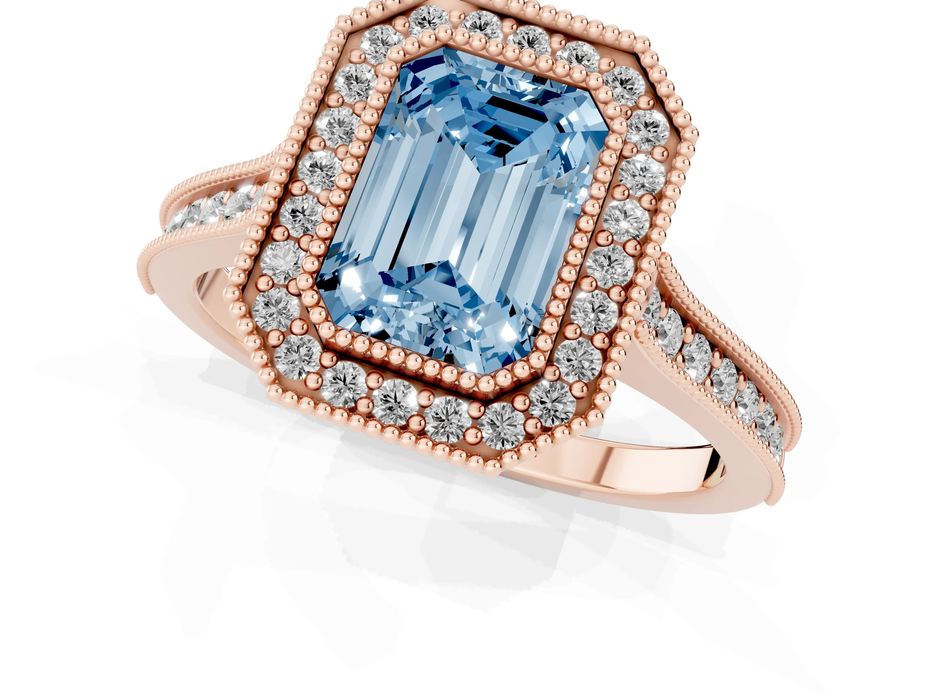 Fancy Blue Emerald Cut Diamond Halo Milgrain Pavé Band Ring Set in Rose gold with Prong Setting