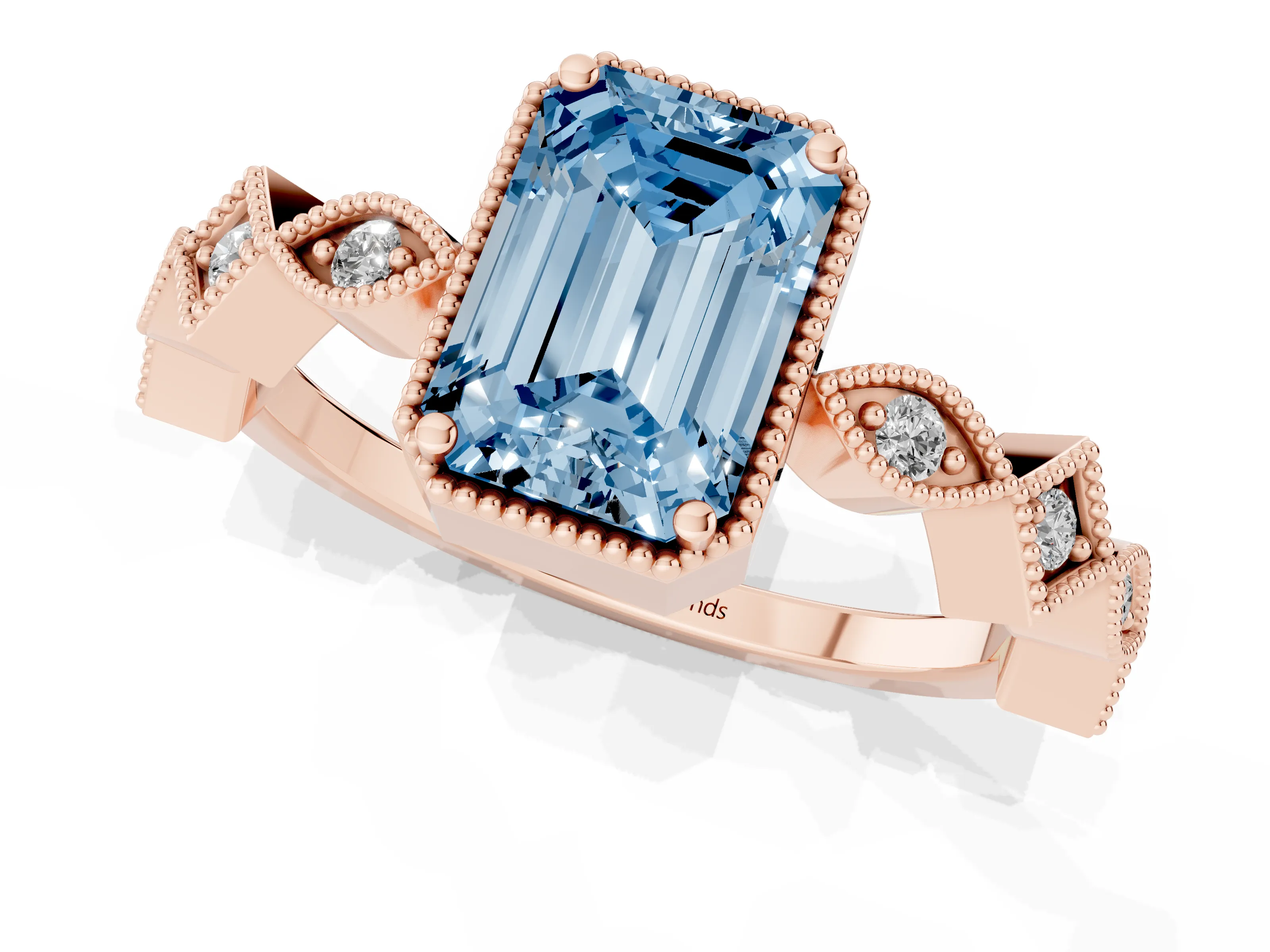 Fancy Blue Emerald Cut Diamond Milgrain Marquise Twist Band Ring Set in Rose gold with Prong Setting