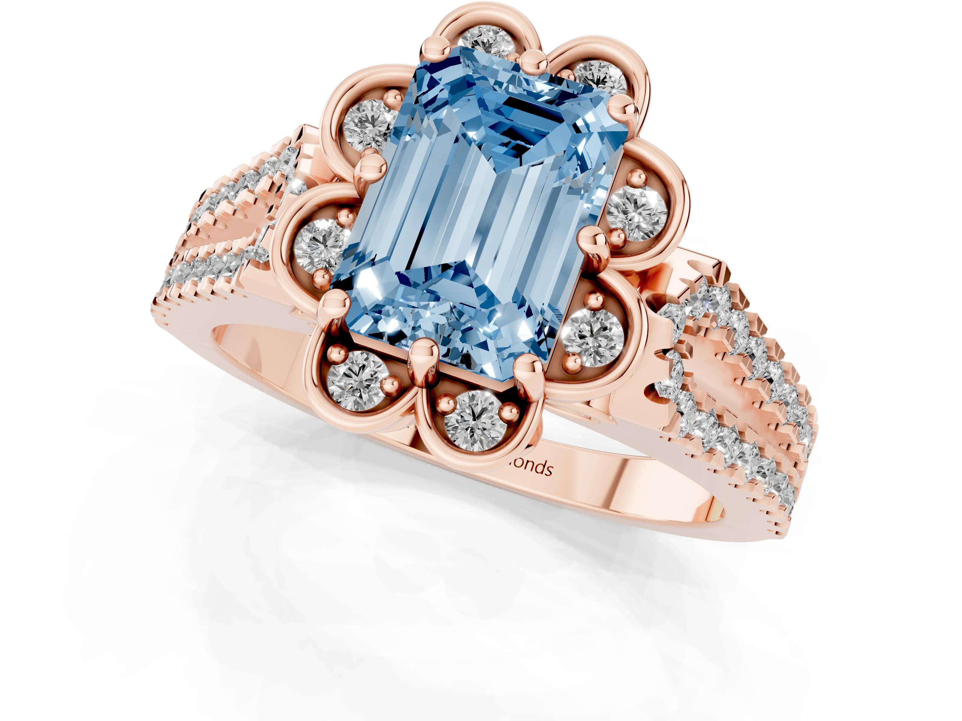 Fancy Blue Emerald Cut Diamond Floral Halo Split Shank Engagement Ring Set in Rose gold with Pavé Shank