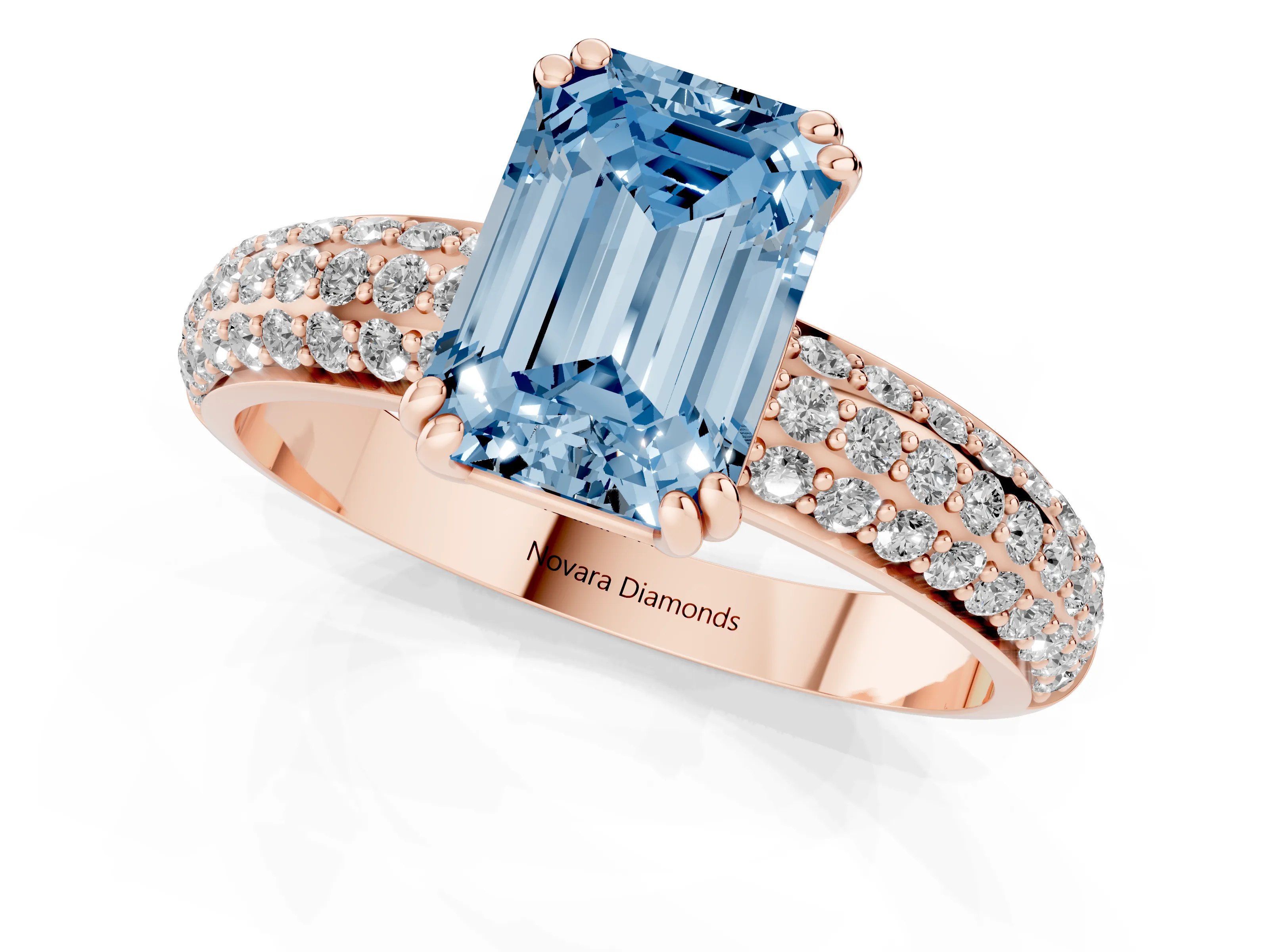 Fancy Blue Emerald Cut Diamond Solitaire Ring Set in Rose gold with Multi-Row Round Pavé Band and Prong Setting