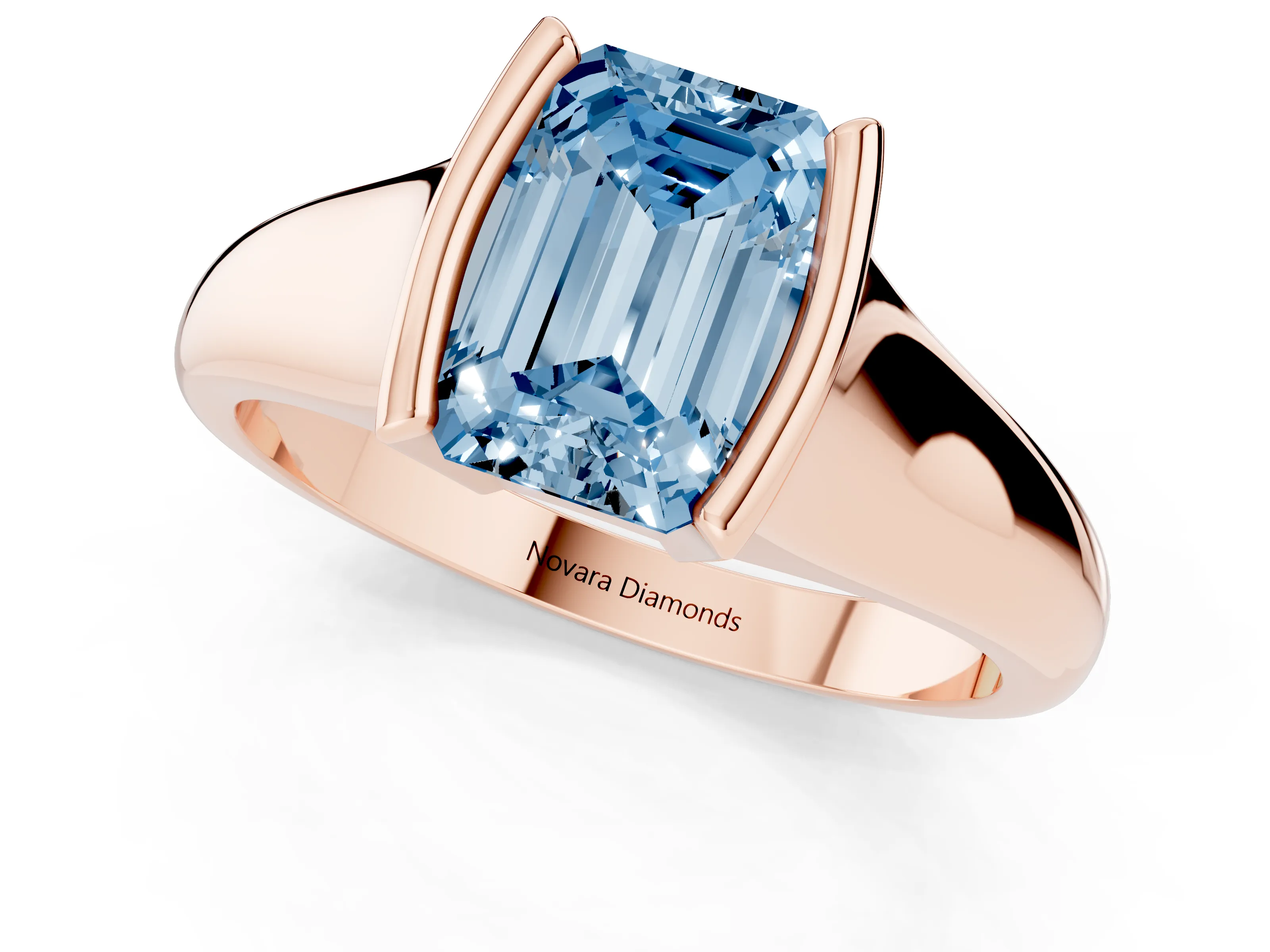 Fancy Blue Emerald Cut Diamond Solitaire Tension Set Ring Set in Rose gold with Split Shank Band