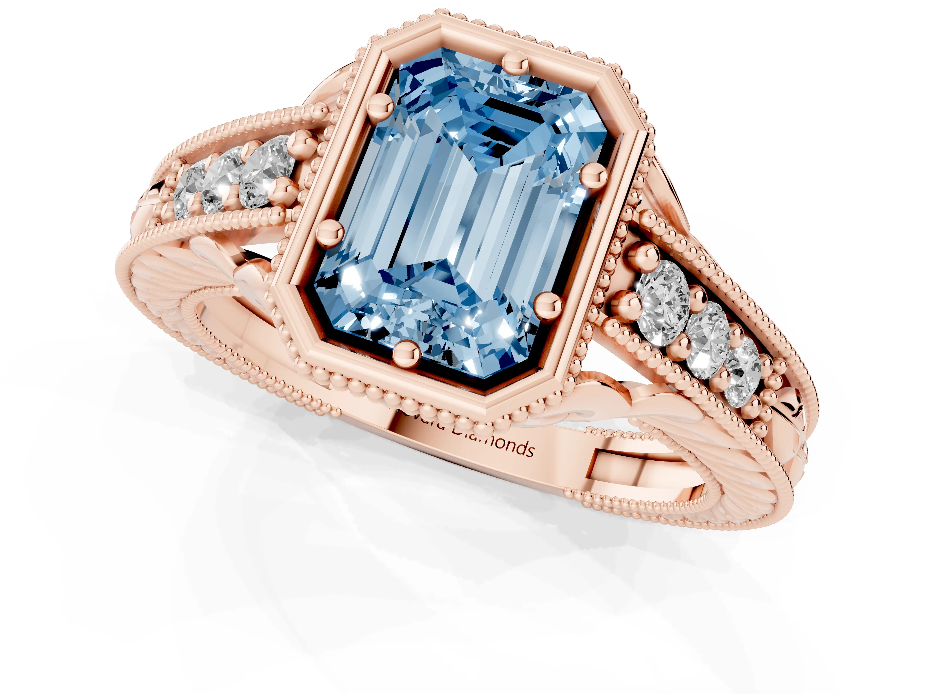 Fancy Blue Bezel Set Emerald Cut Diamond Milgrain Pavé Engagement Ring Set in Rose gold