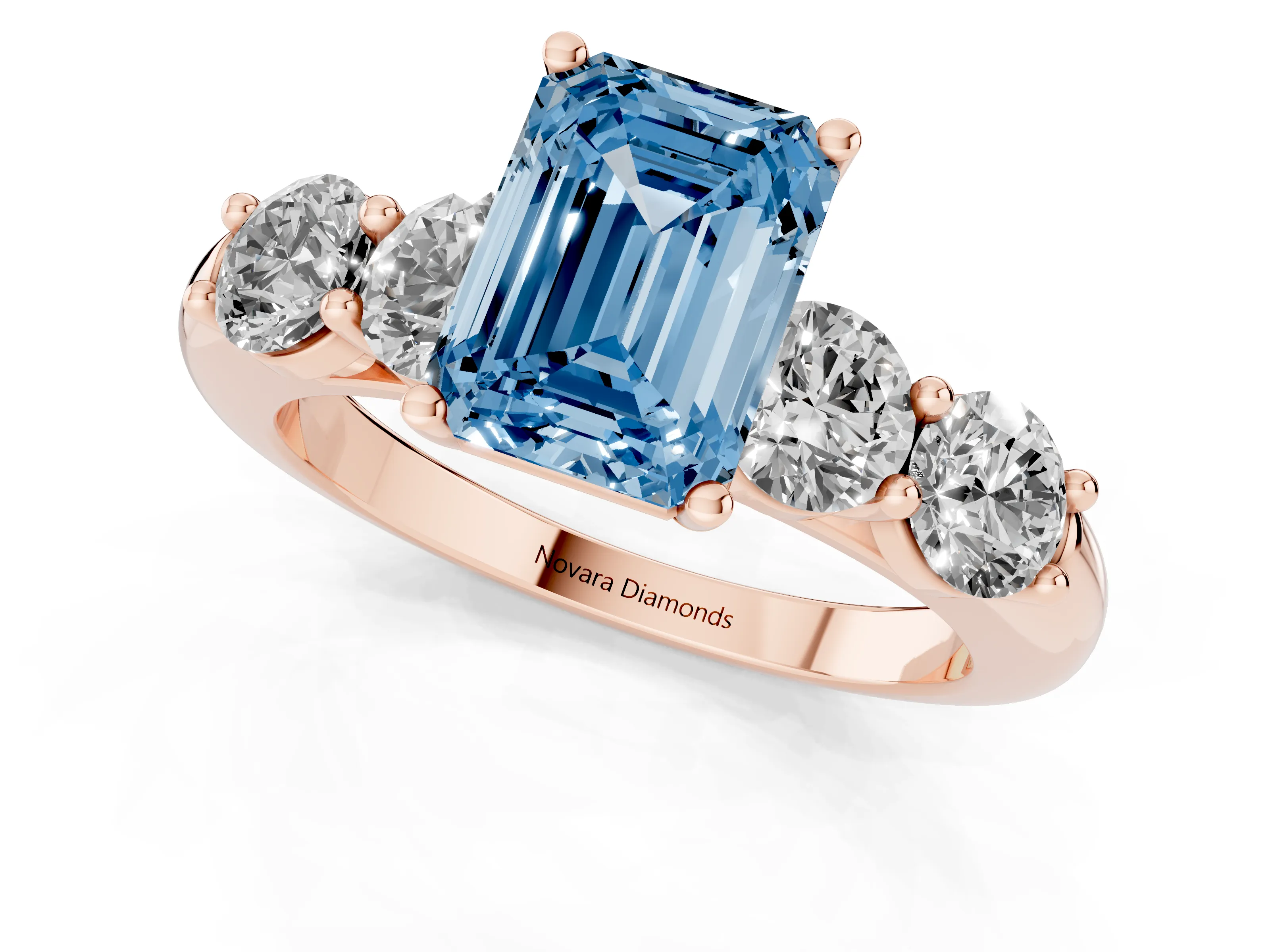 Fancy Blue Emerald Cut Diamond Five-Stone Prong Set Ring Set in Rose gold with Classic Band
