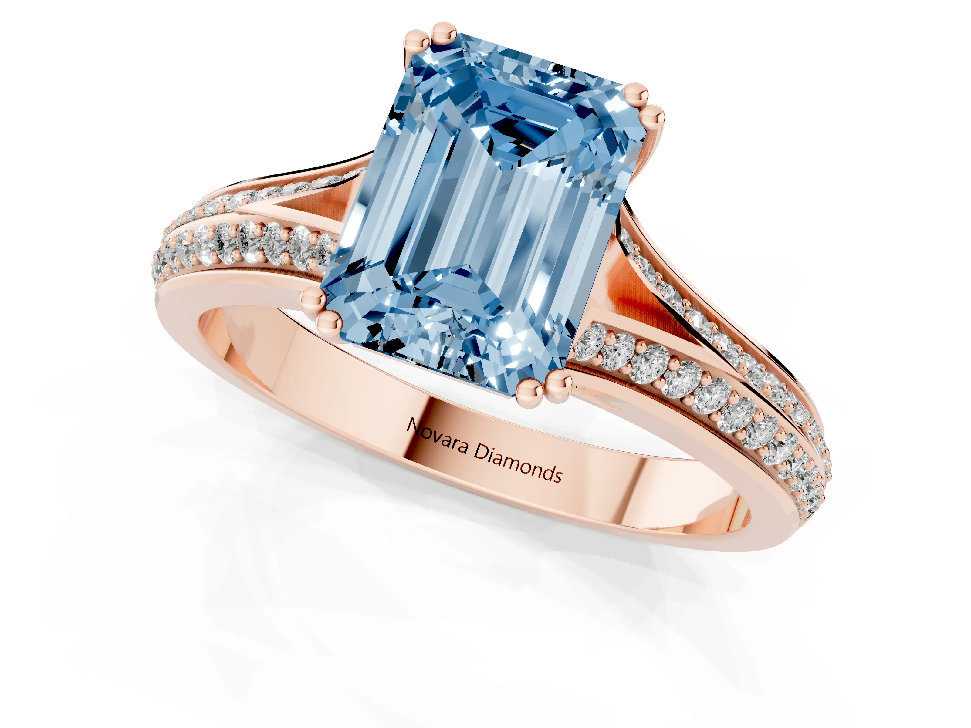 Fancy Blue Emerald Cut Diamond Split Shank Pavé Engagement Ring Set in Rose gold with Prong-Set Center Stone