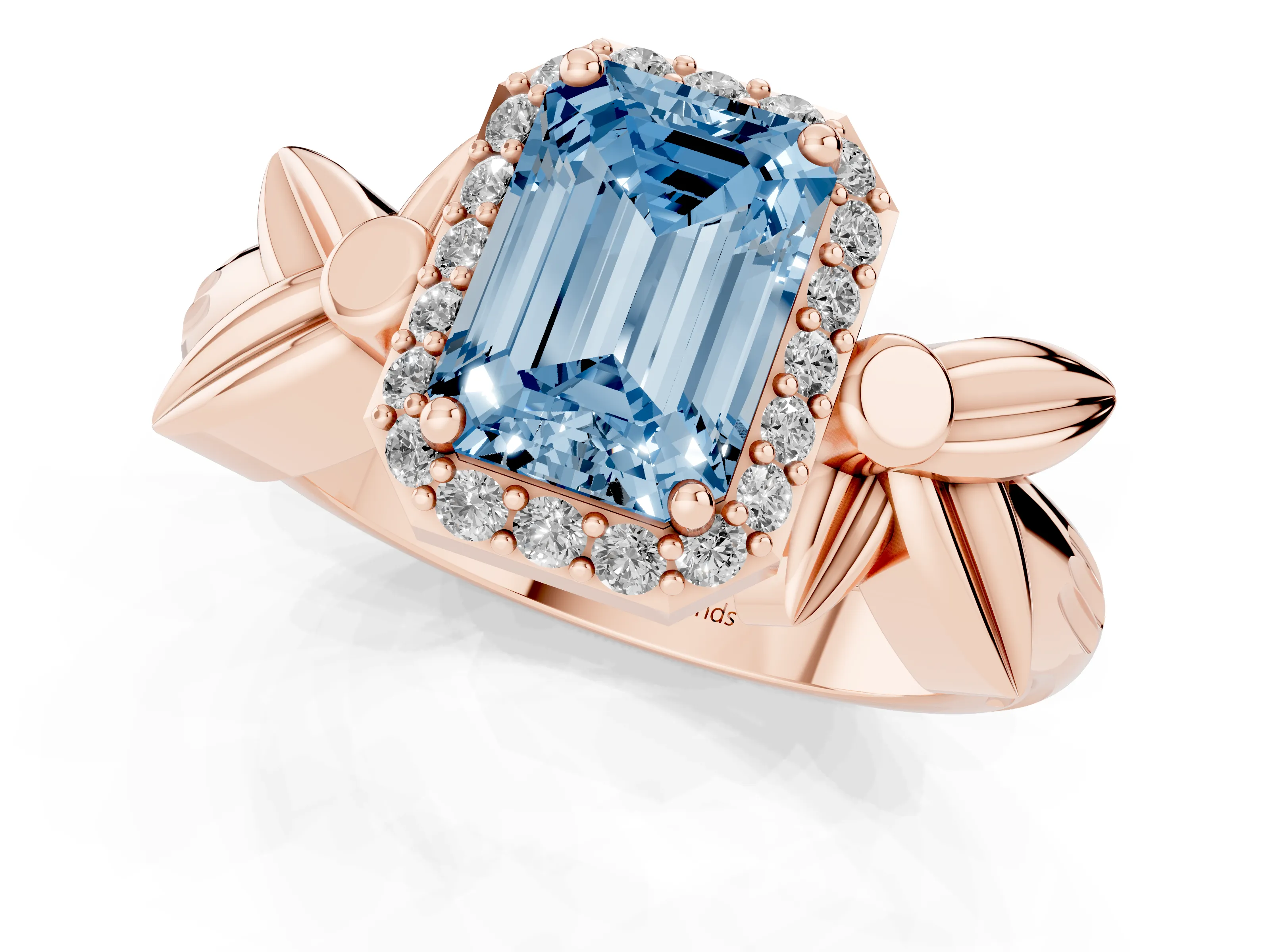 Fancy Blue Emerald Cut Diamond Halo Floral Band Ring Set in Rose gold with Prong Setting
