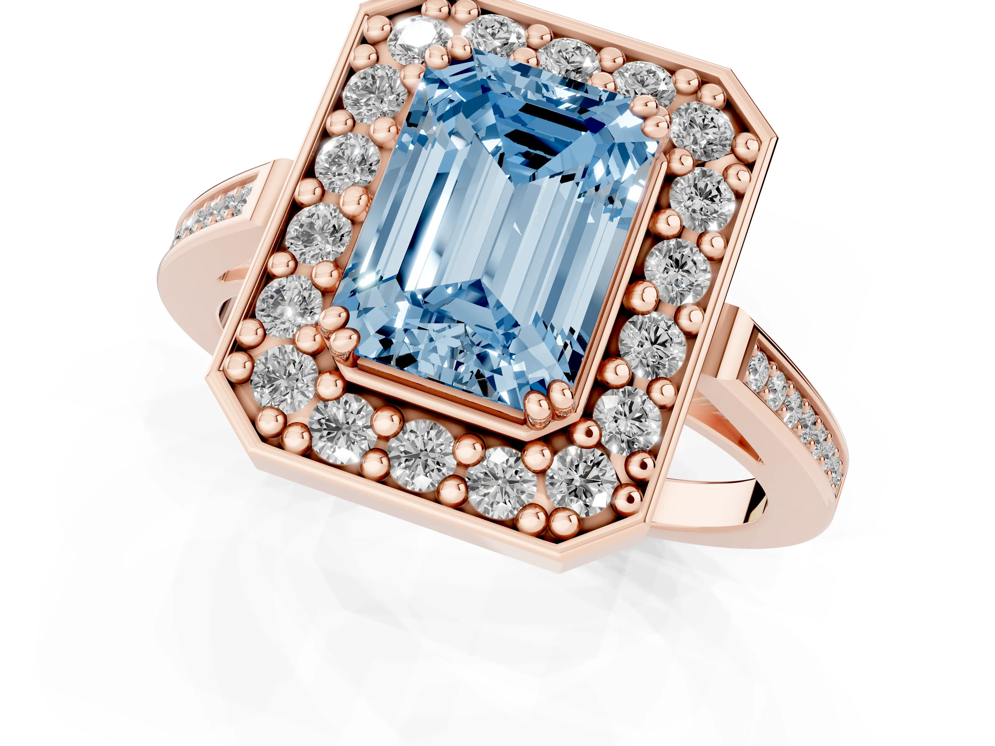 Fancy Blue Emerald Cut Diamond Halo Ring Set in Rose gold with Accent-Lined Split Shank and Prong Setting