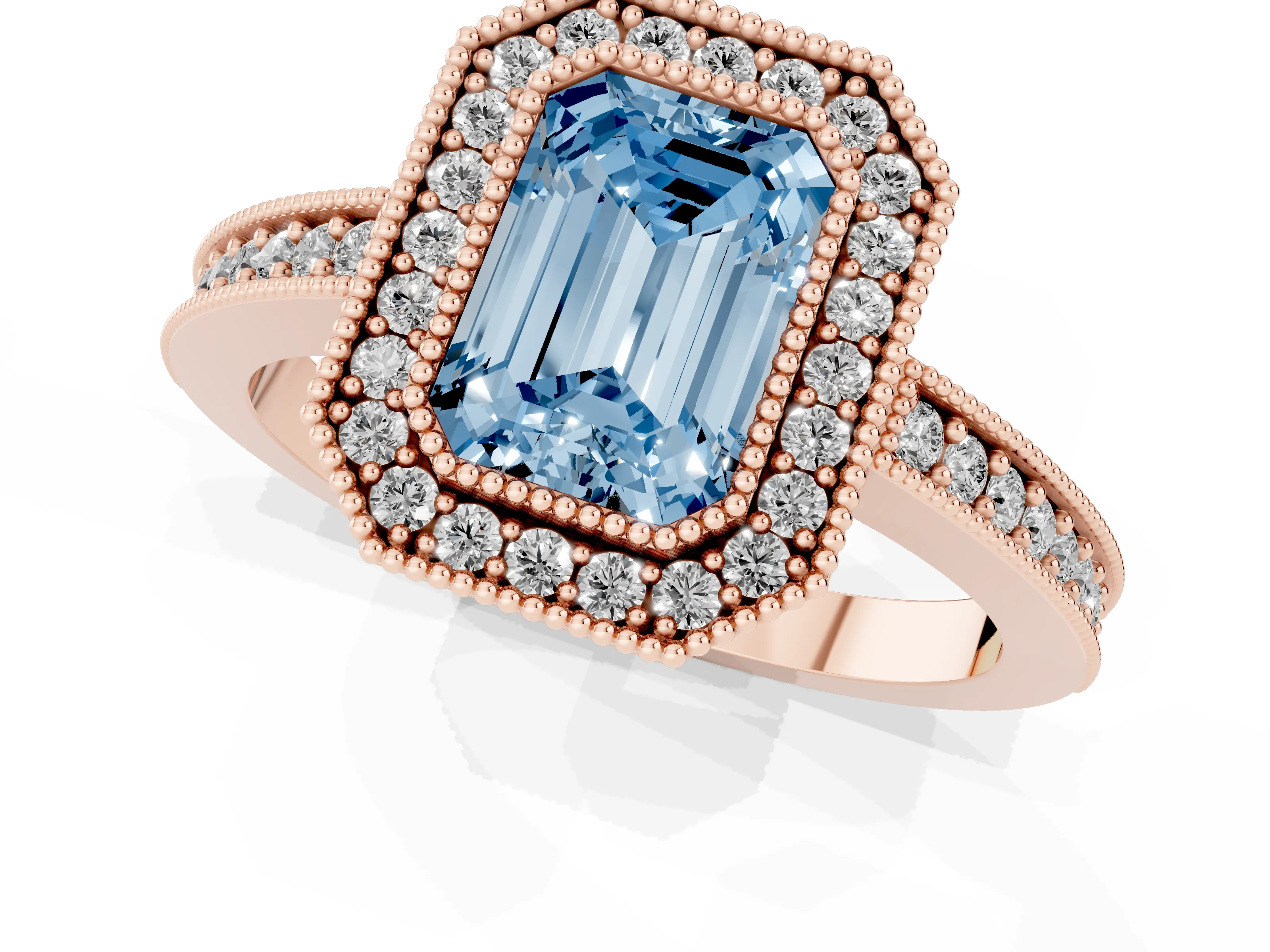 Fancy Blue Emerald Cut Diamond Halo Engagement Ring Set in Rose gold with Pavé Band and Round Halo Stones