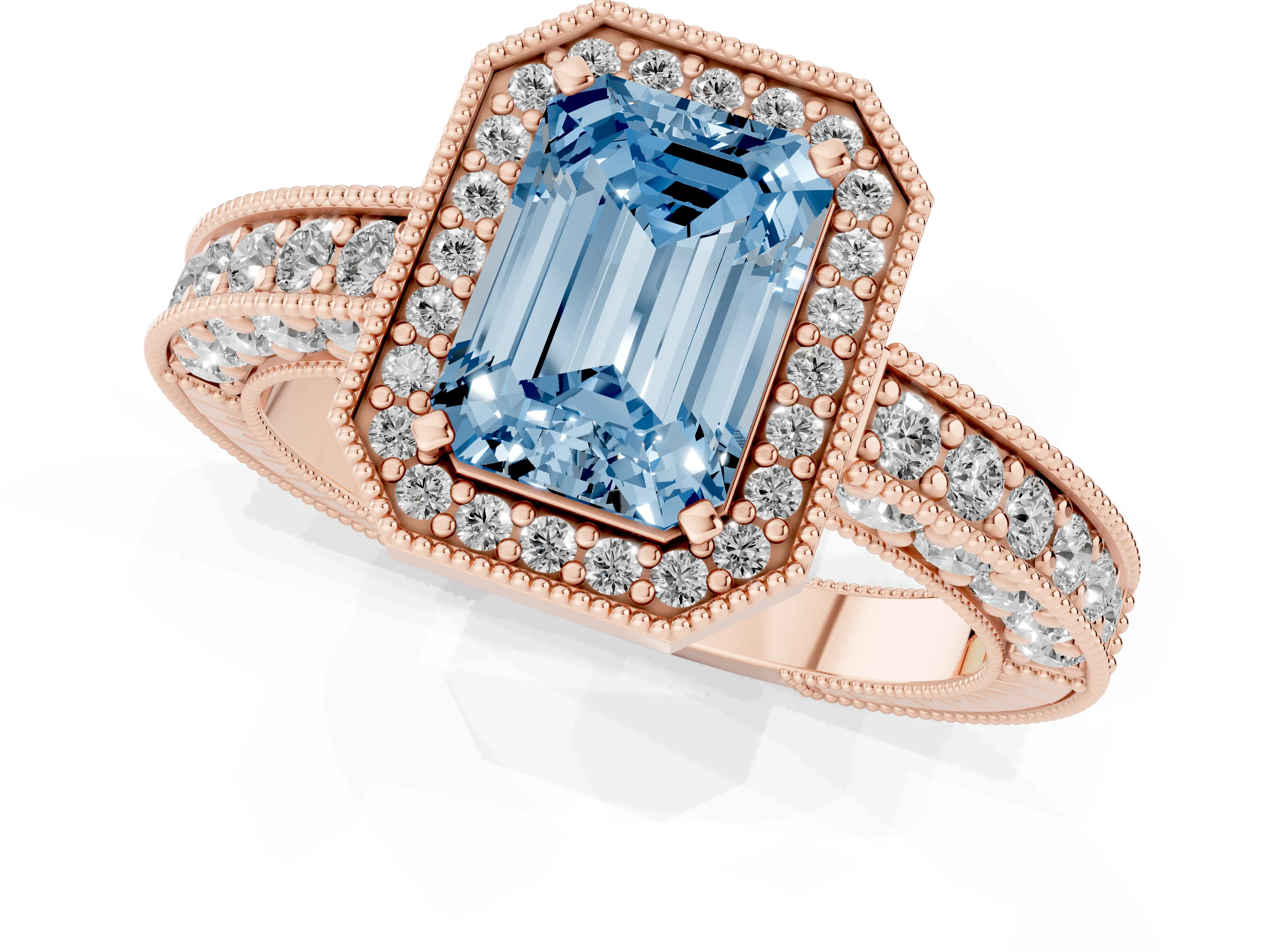 Fancy Blue Emerald Cut Diamond Halo Pavé Band Ring Set in Rose gold with Prong-Set Center