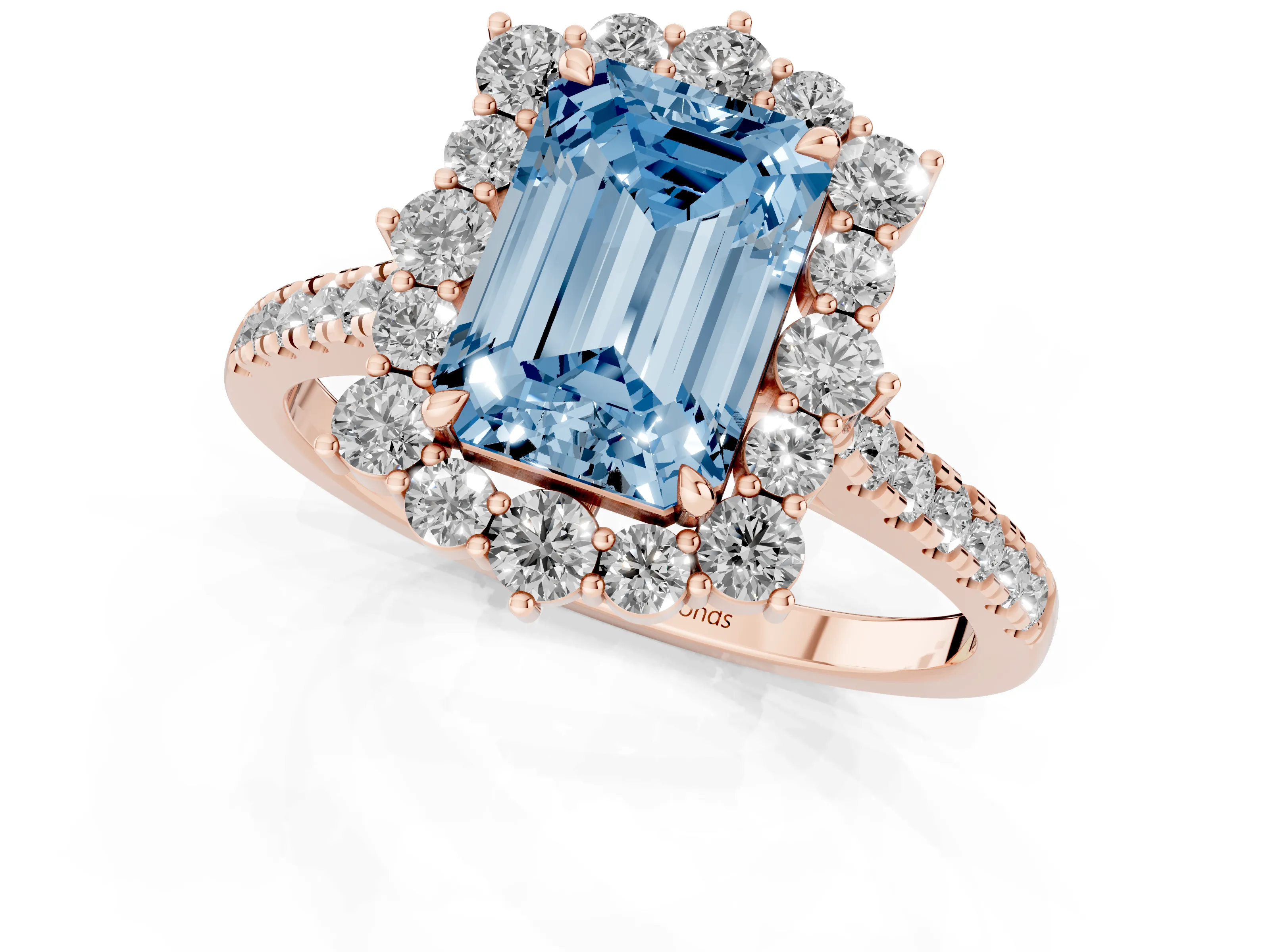 Fancy Blue Emerald Cut Diamond Halo Ring Set in Rose gold with Pavé Band and Prong Setting