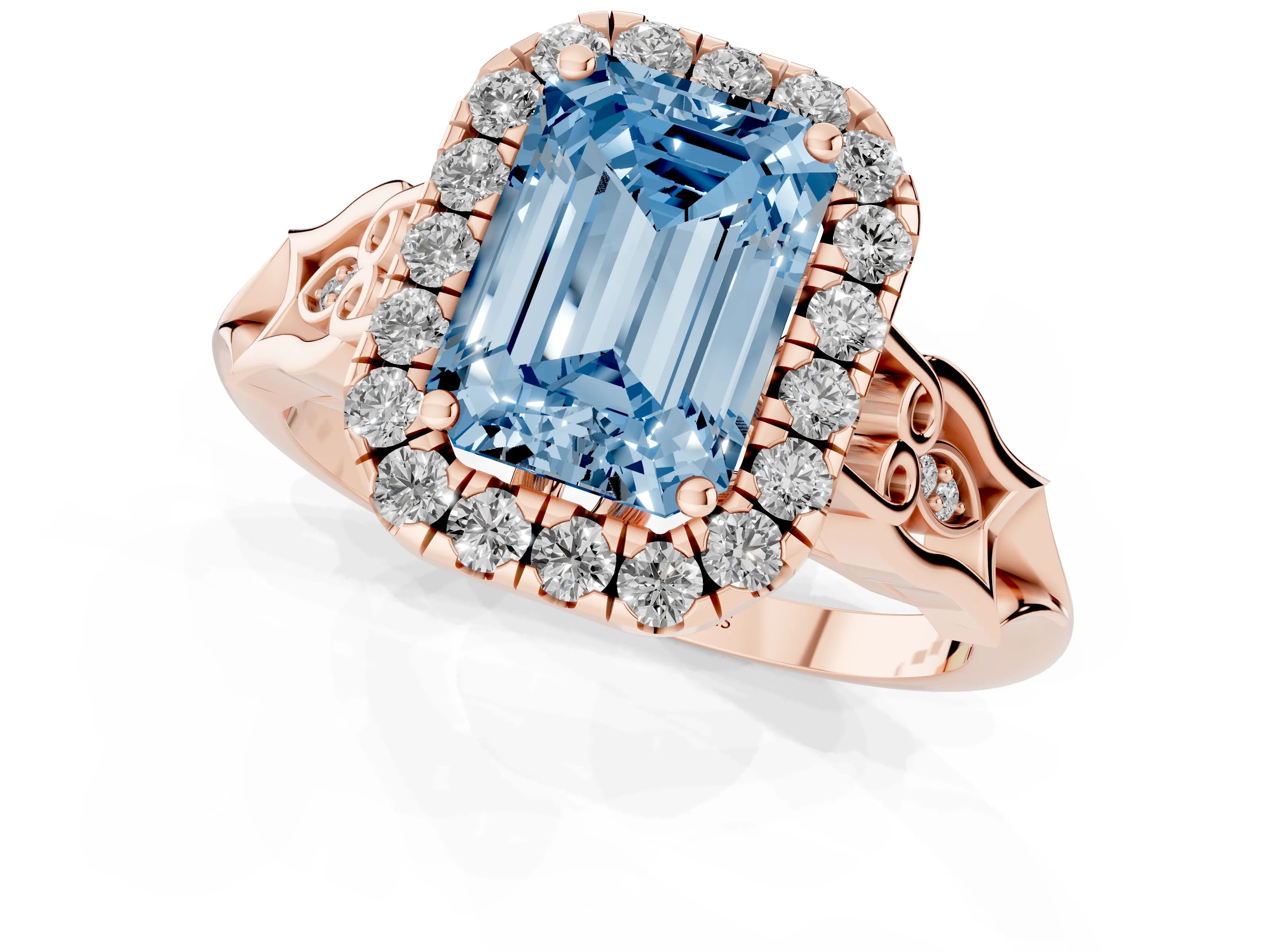 Fancy Blue Emerald Cut Diamond Halo Engagement Ring Set in Rose gold with Filigree Band and Prong-Set Center