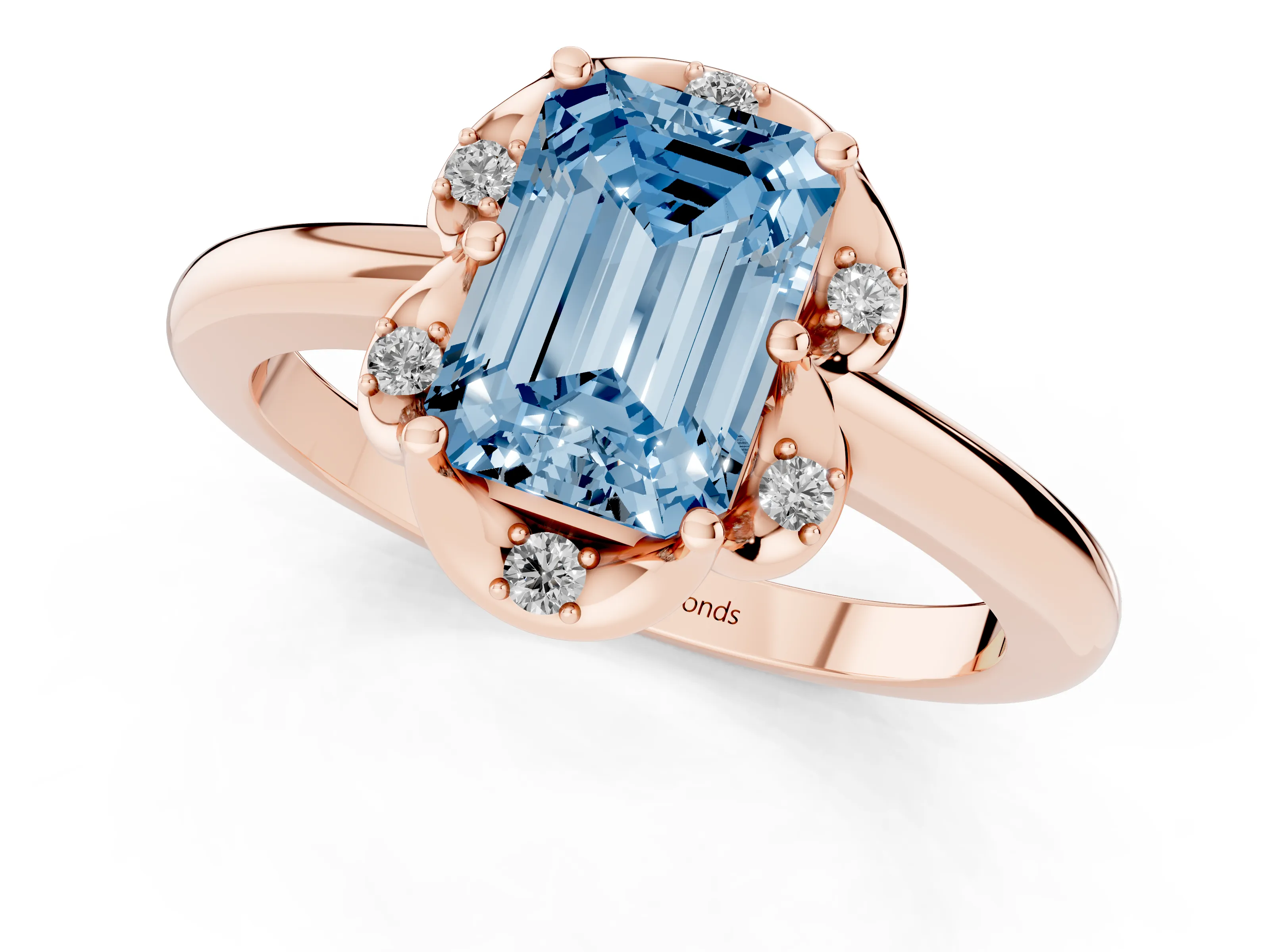 Fancy Blue Emerald Cut Diamond Round Cluster Halo Ring Set in Rose gold with Solitaire Band and Prong Setting
