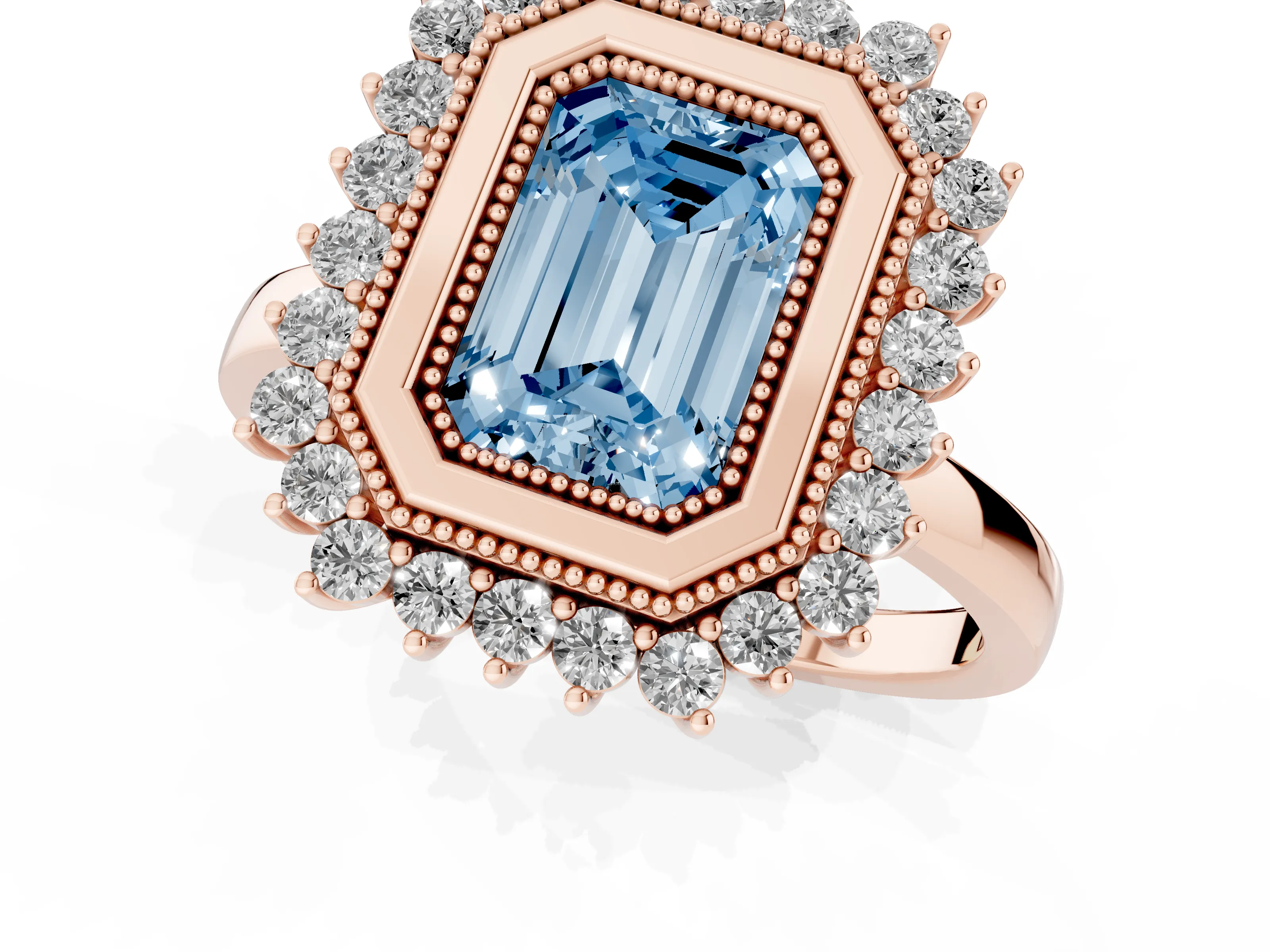 Fancy Blue Emerald Cut Diamond Halo Ring Set in Rose gold with Milgrain Edge and Round Prong Setting