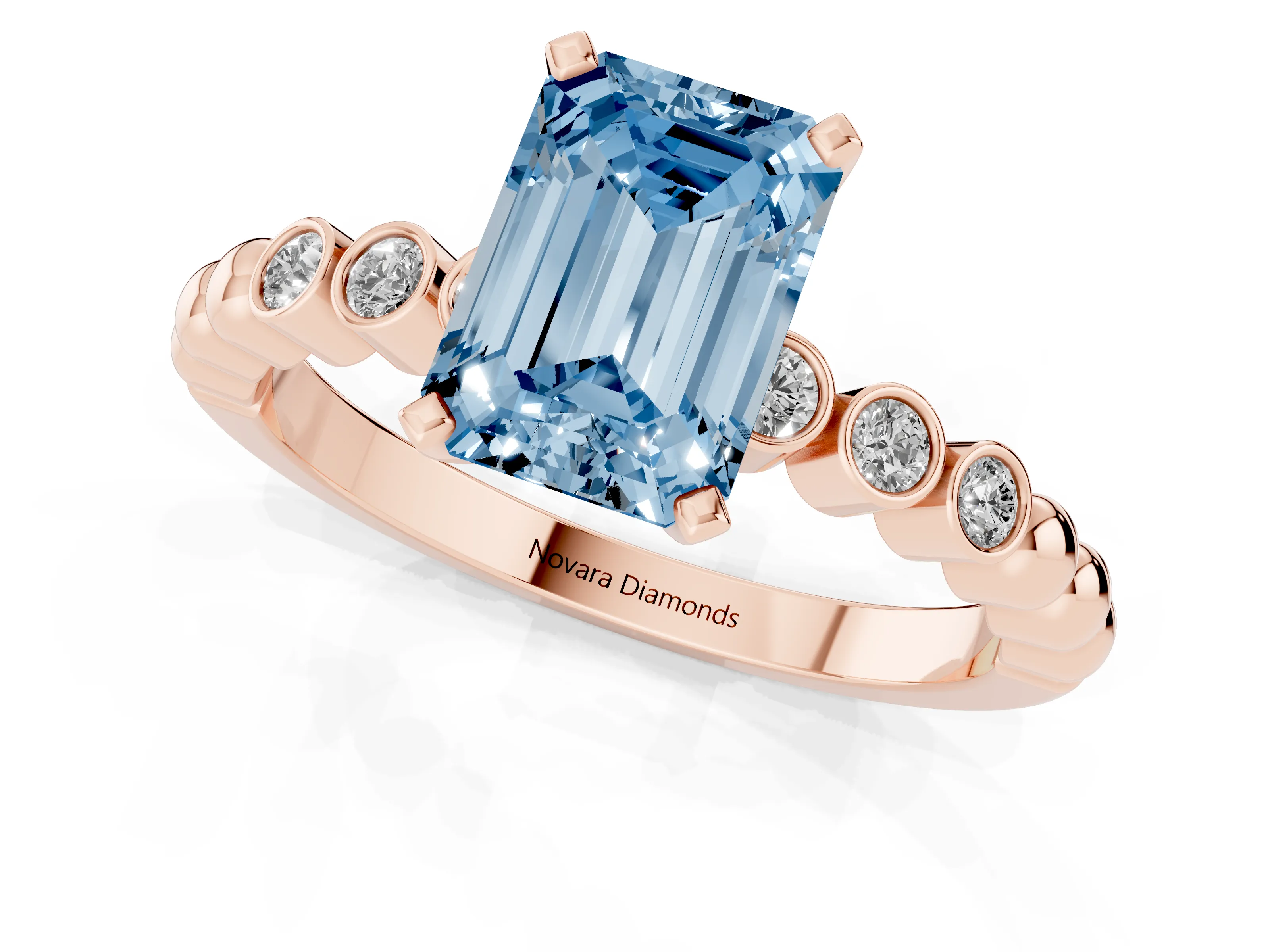 Fancy Blue Emerald Cut Diamond Solitaire Engagement Ring Set in Rose gold with Bezel Accents on Beaded Band