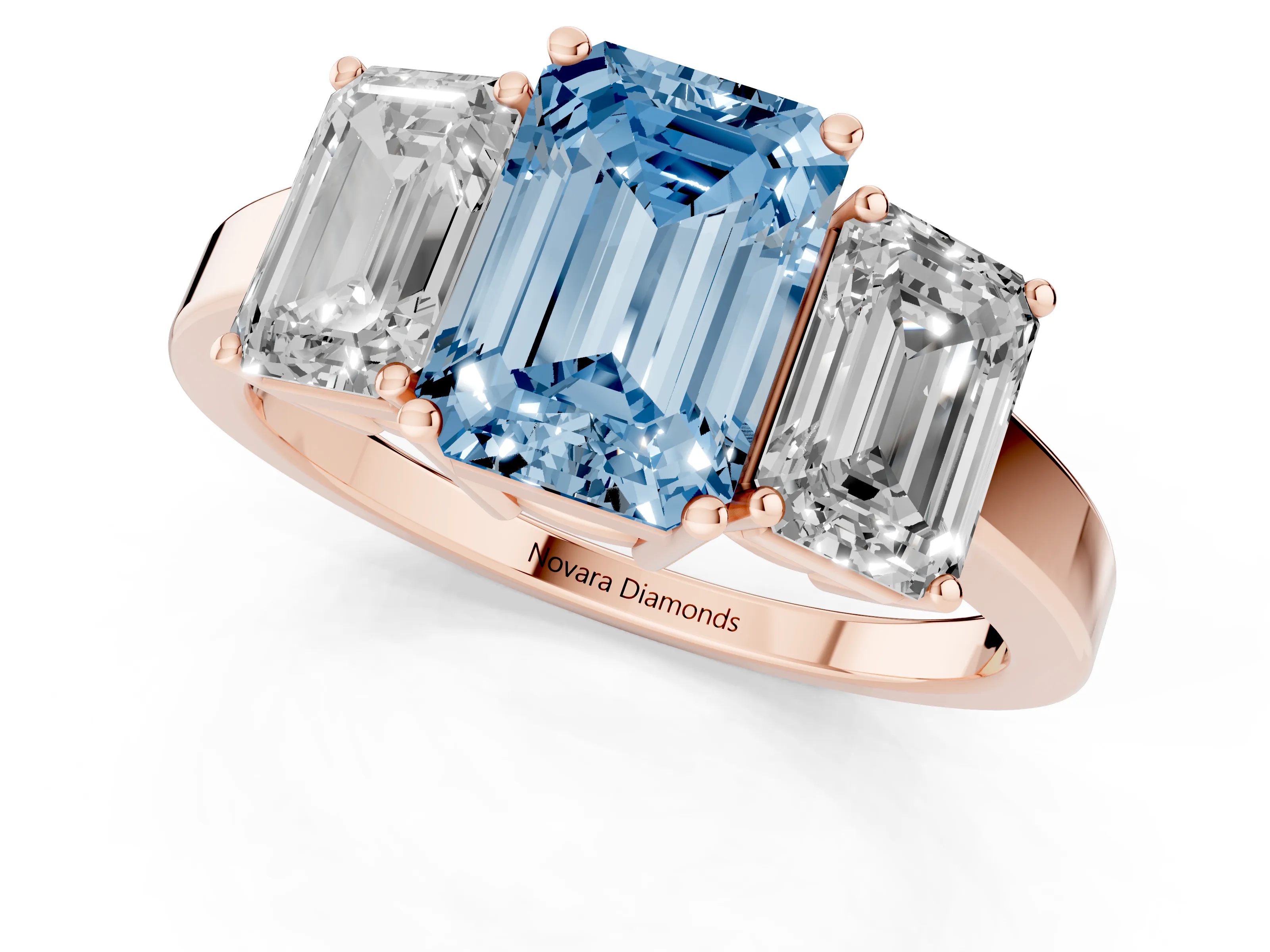 Fancy Blue Emerald Cut Diamond Three-Stone Engagement Ring Set in Rose gold with Flat Band