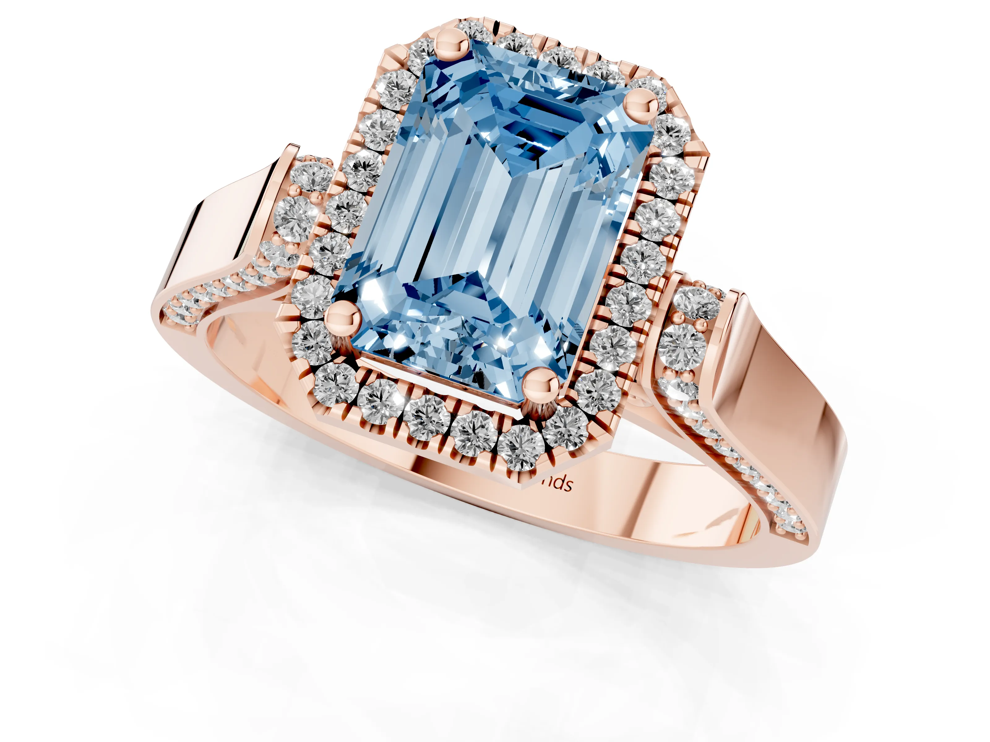 Fancy Blue Emerald Cut Diamond Halo Ring Set in Rose gold with Pavé-Lined Split Shank Band
