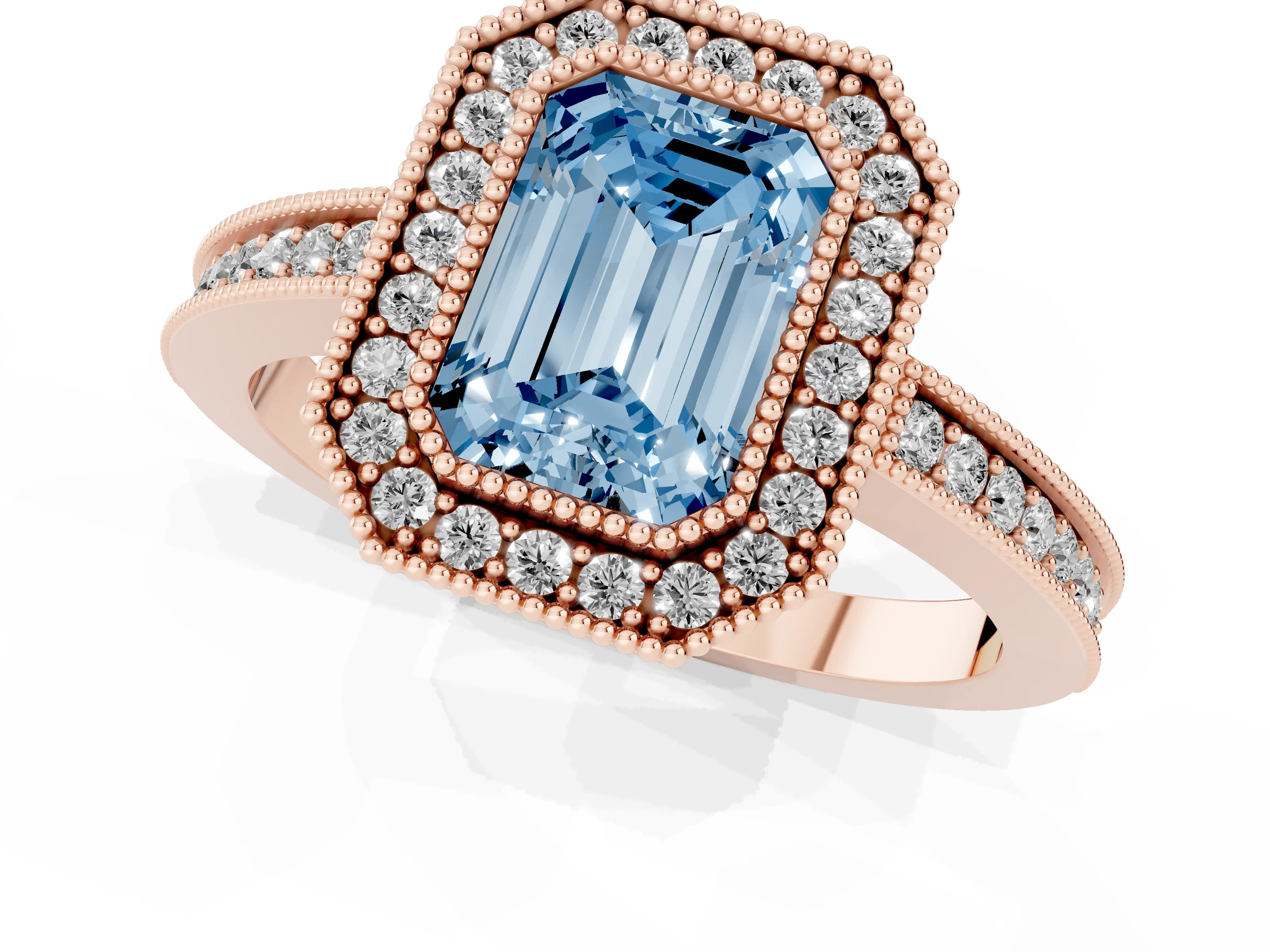Fancy Blue Emerald Cut Diamond Round Halo Ring Set in Rose gold with Pavé Band