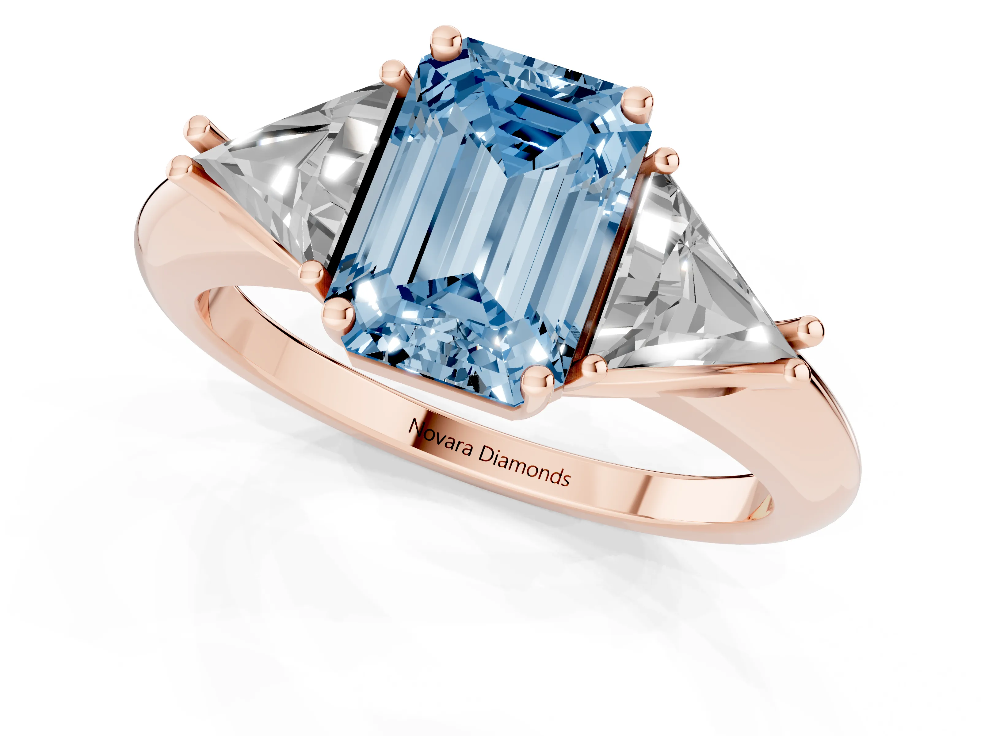 Fancy Blue Emerald Cut Diamond Three-Stone Engagement Ring Set in Rose gold with Trillion Side Stones