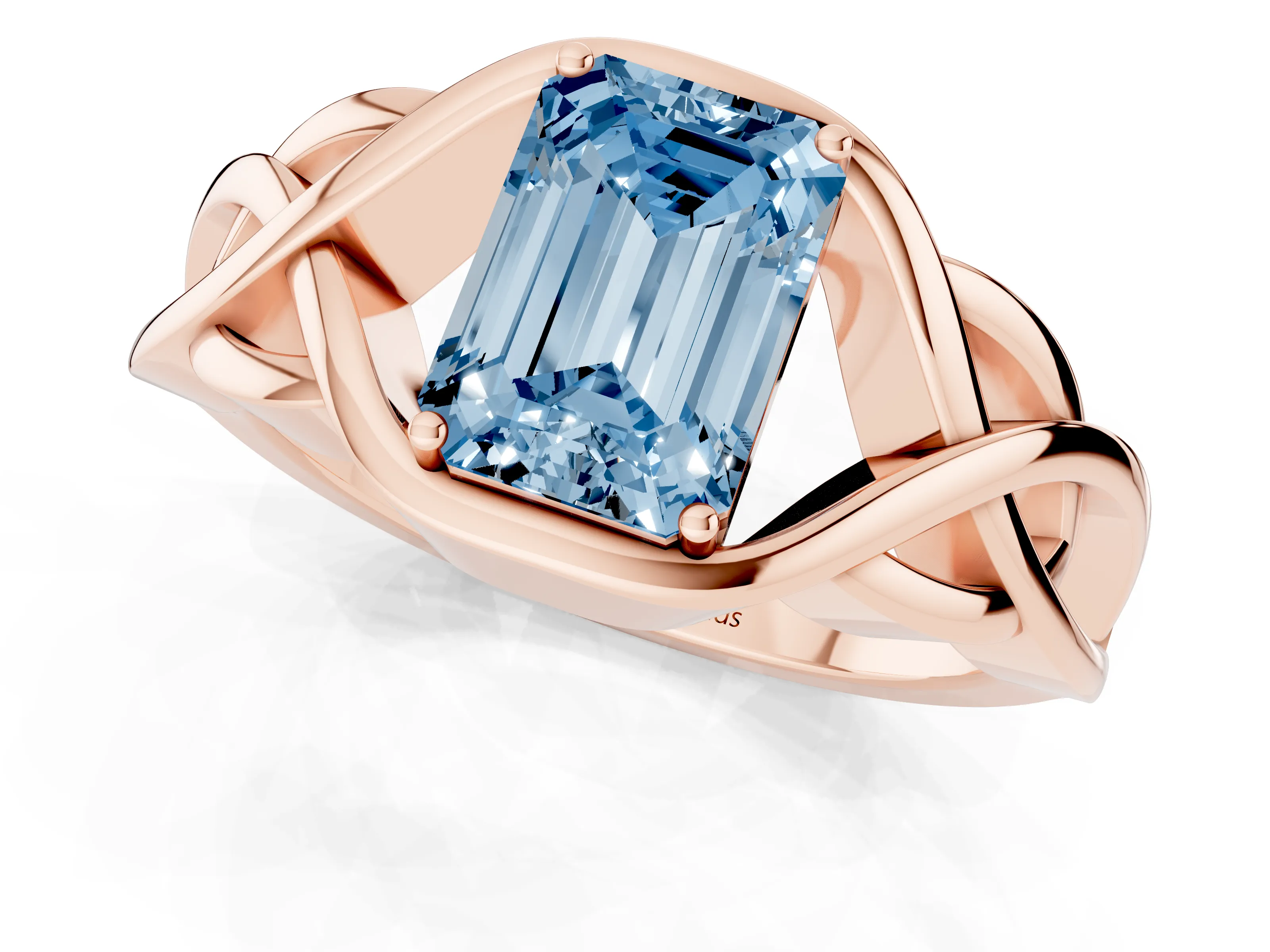 Fancy Blue Emerald Cut Diamond Solitaire Ring Set in Rose gold with Intertwined Band